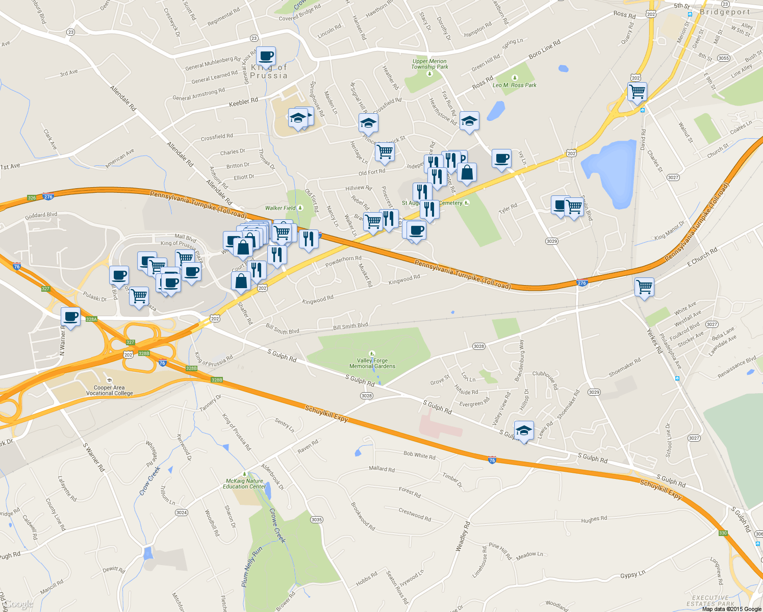 map of restaurants, bars, coffee shops, grocery stores, and more near 1212 Bill Smith Blvd in King of Prussia