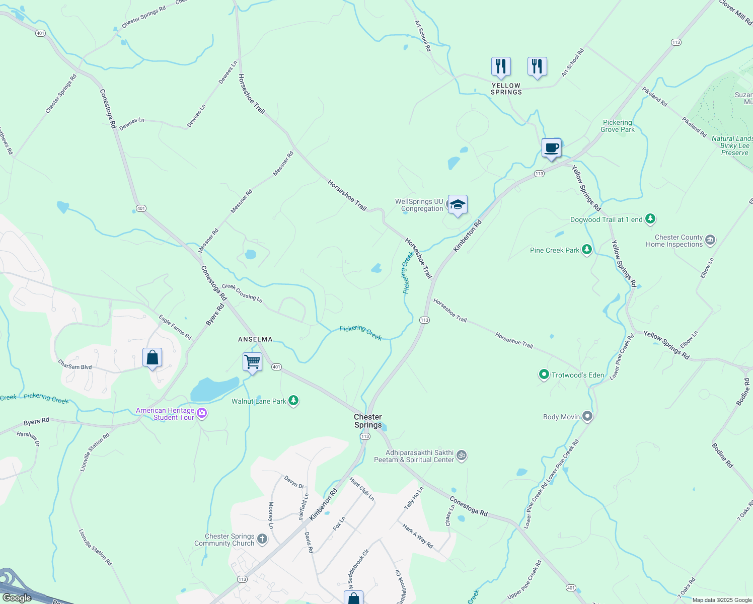 map of restaurants, bars, coffee shops, grocery stores, and more near 1705 Chantilly Lane in Chester Springs