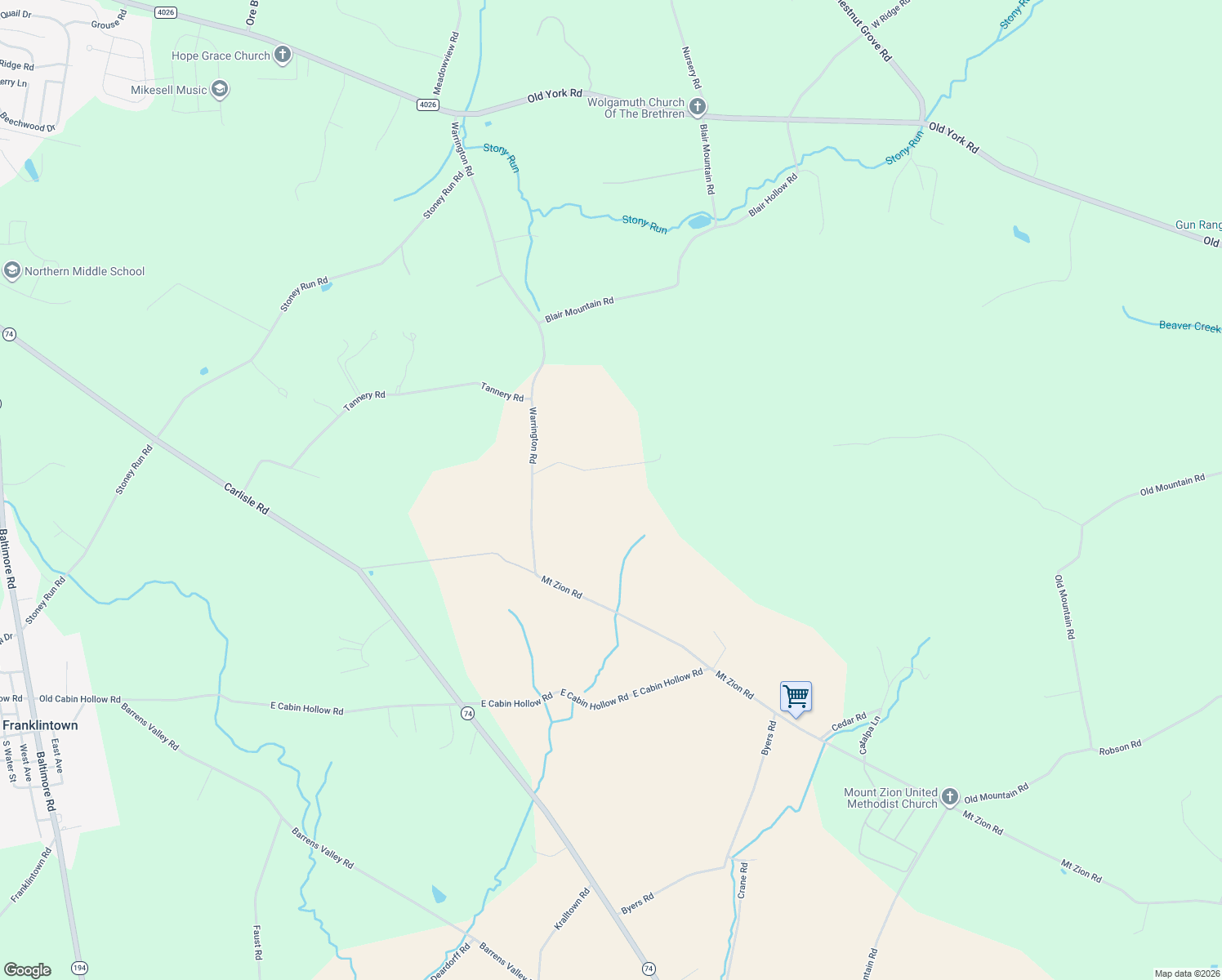 map of restaurants, bars, coffee shops, grocery stores, and more near 1800 Pennsylvania Avenue in Dillsburg