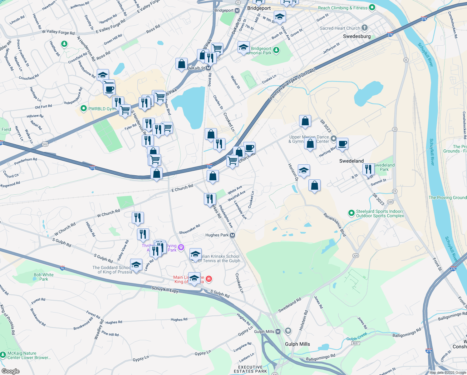 map of restaurants, bars, coffee shops, grocery stores, and more near 254 White Avenue in King of Prussia