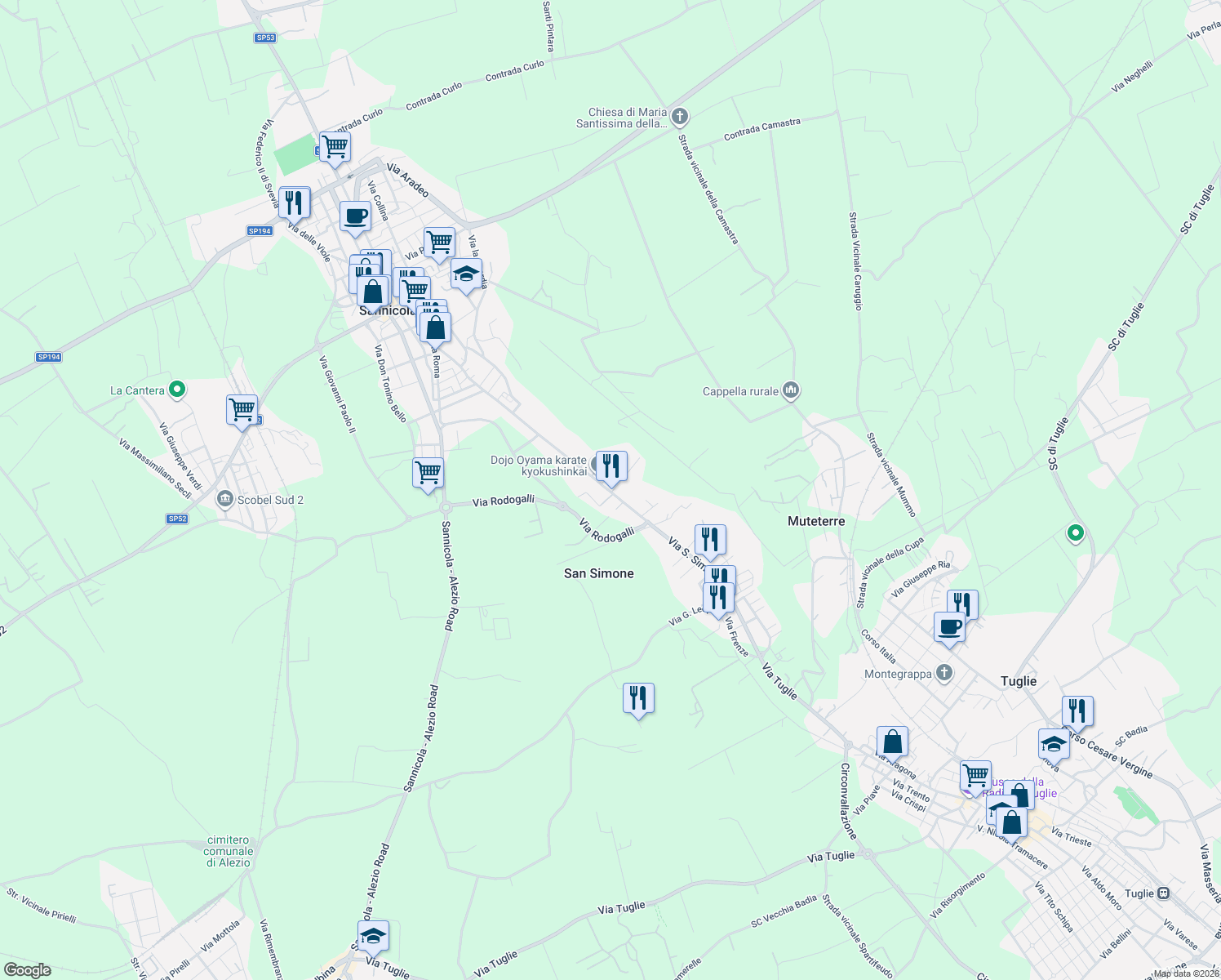 map of restaurants, bars, coffee shops, grocery stores, and more near 114 Via San Simone in Sannicola