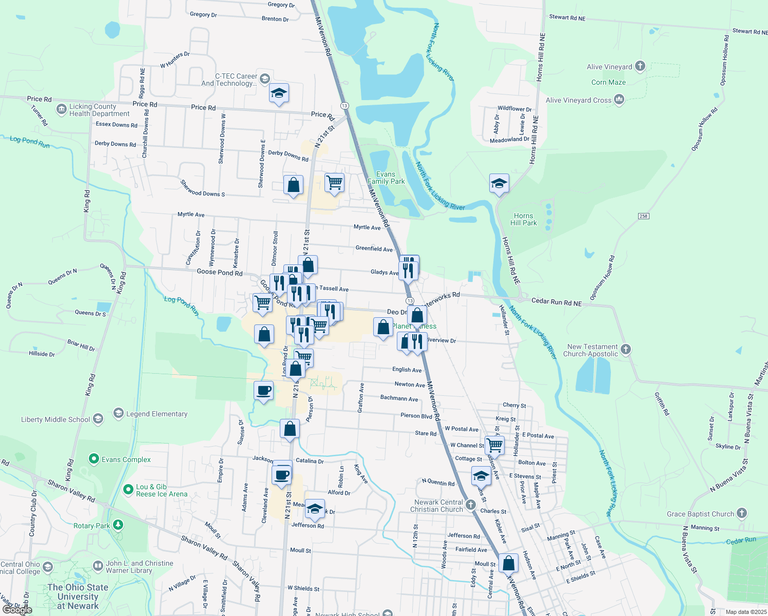 map of restaurants, bars, coffee shops, grocery stores, and more near 160 Deo Drive in Newark