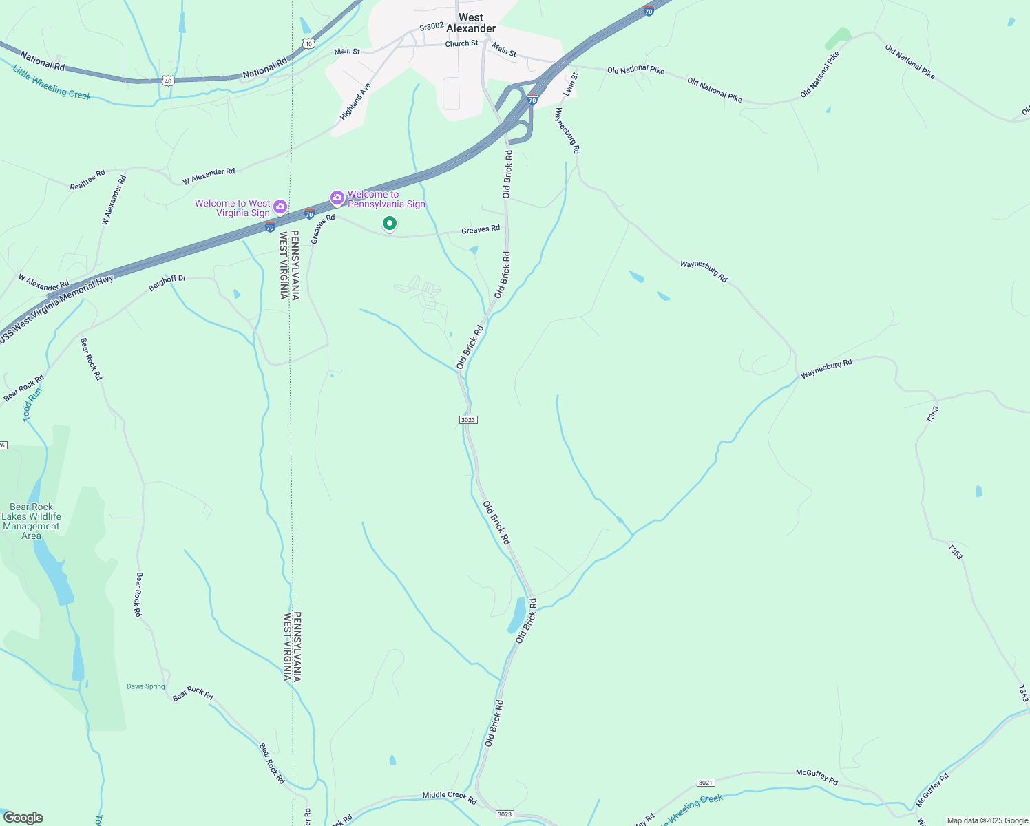 map of restaurants, bars, coffee shops, grocery stores, and more near 157 Sheperd Road in West Alexander