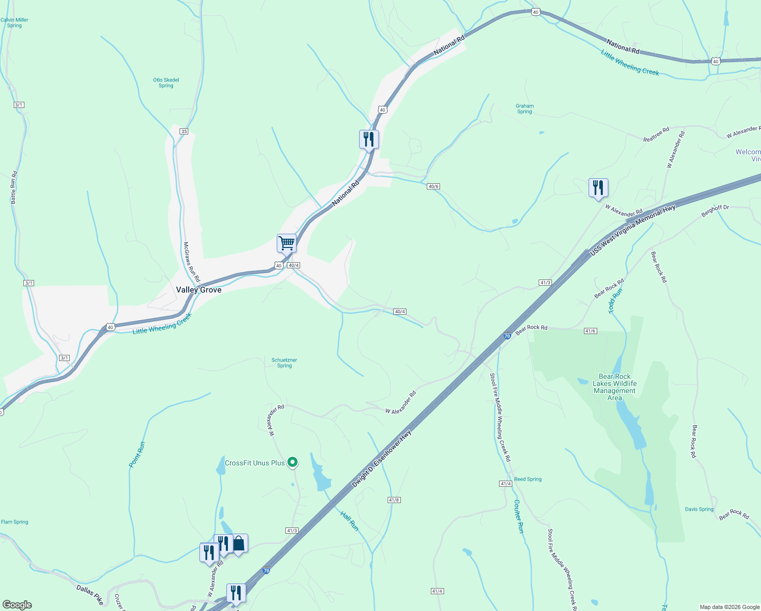 map of restaurants, bars, coffee shops, grocery stores, and more near Valley Grove Road in Valley Grove