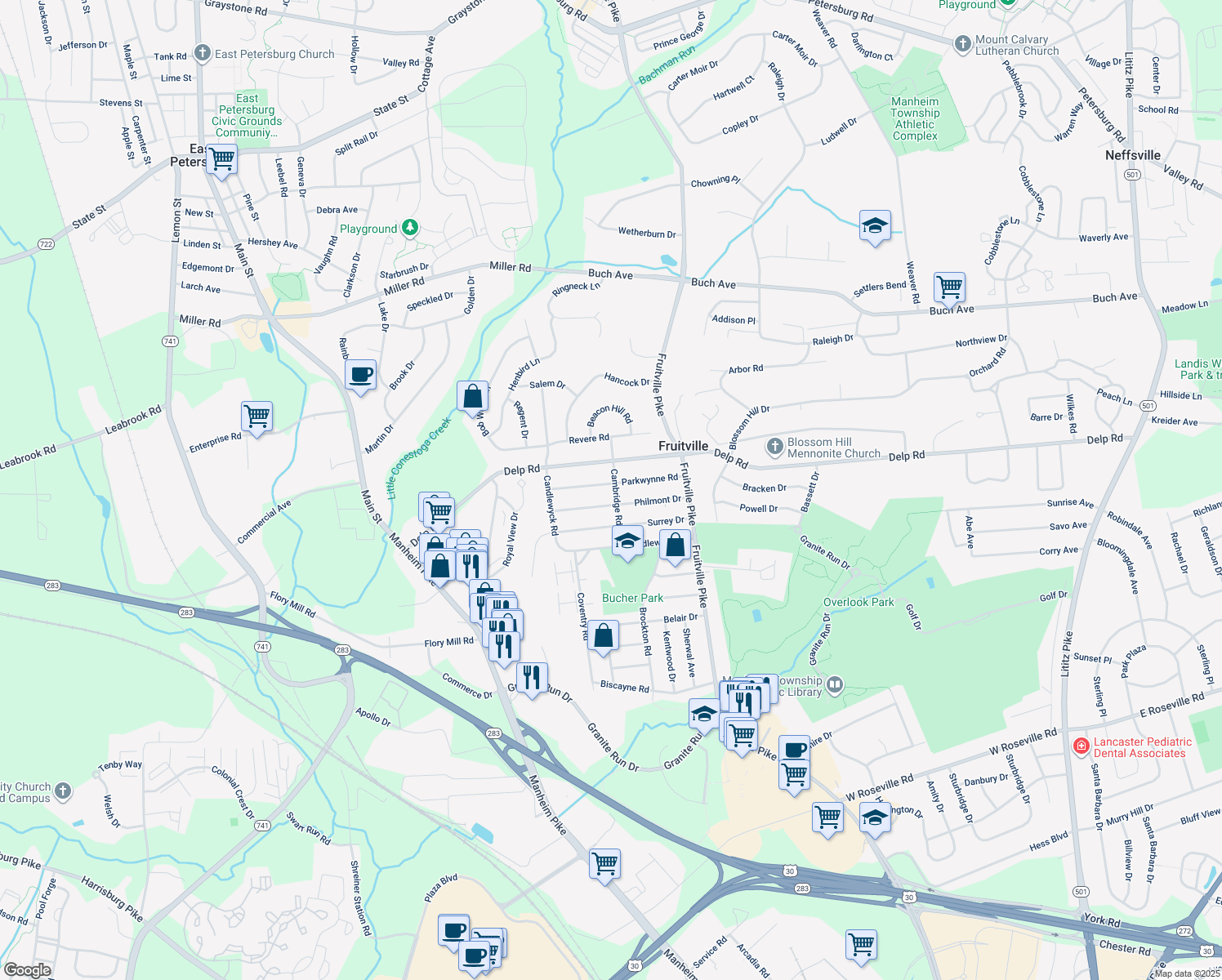 map of restaurants, bars, coffee shops, grocery stores, and more near 450 Parkwynne Road in Lancaster