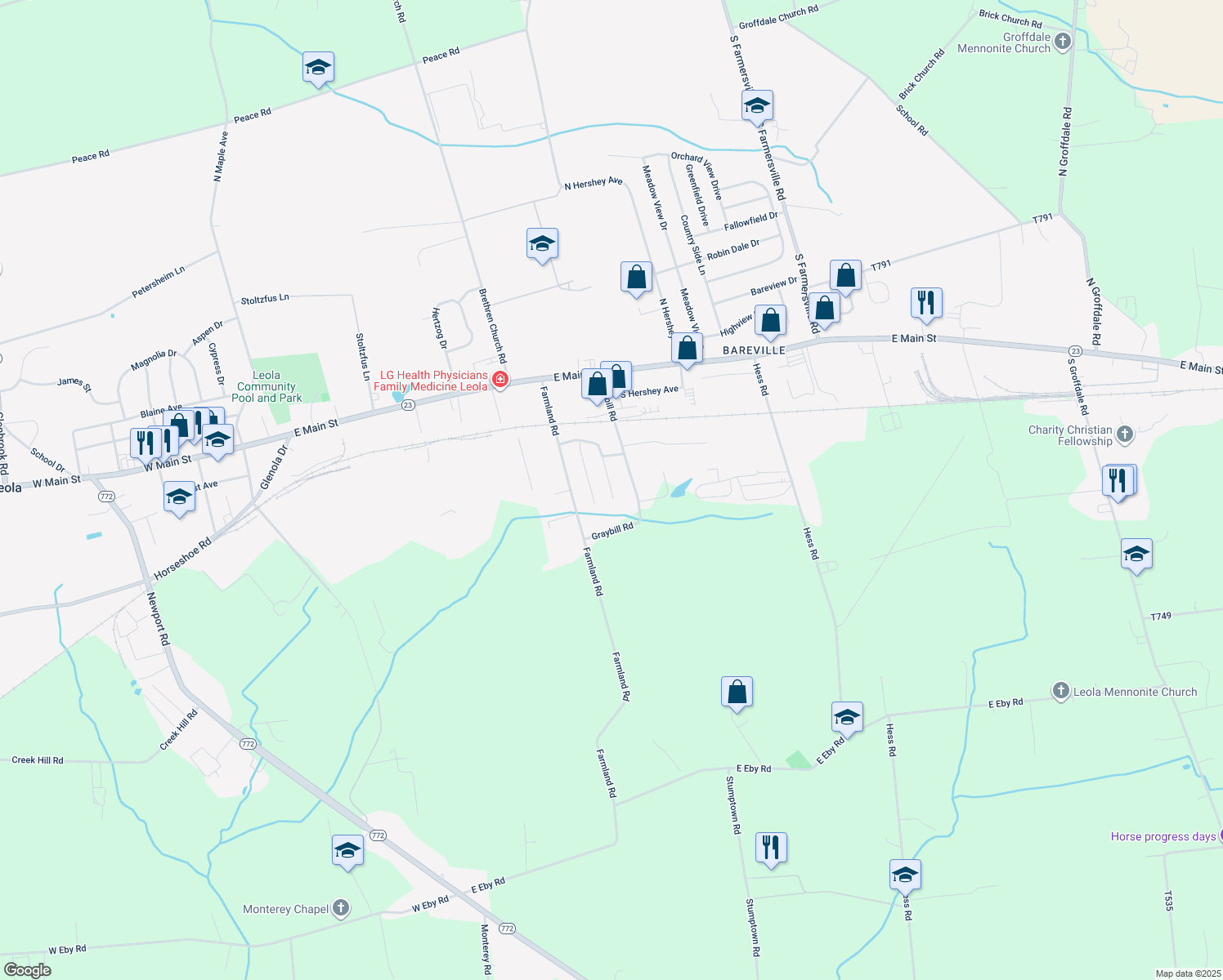 map of restaurants, bars, coffee shops, grocery stores, and more near 56 Melvin Drive in Lancaster County
