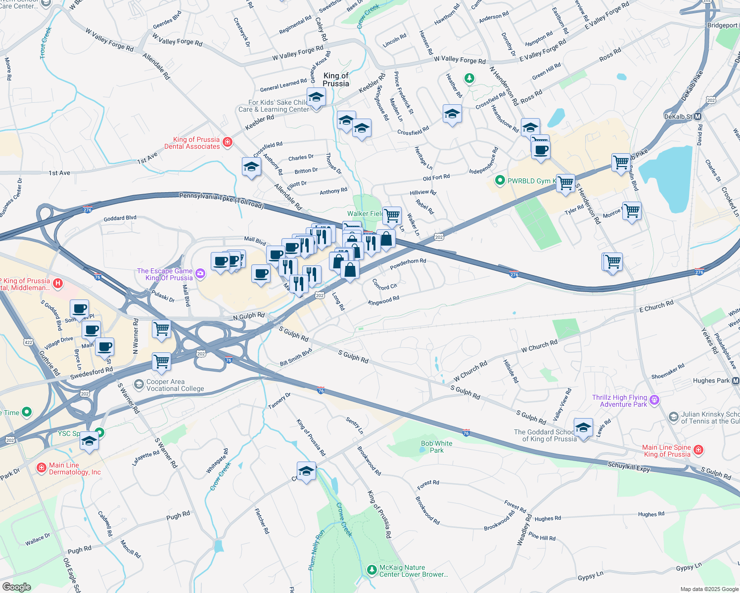 map of restaurants, bars, coffee shops, grocery stores, and more near 142 Forge Road in King of Prussia