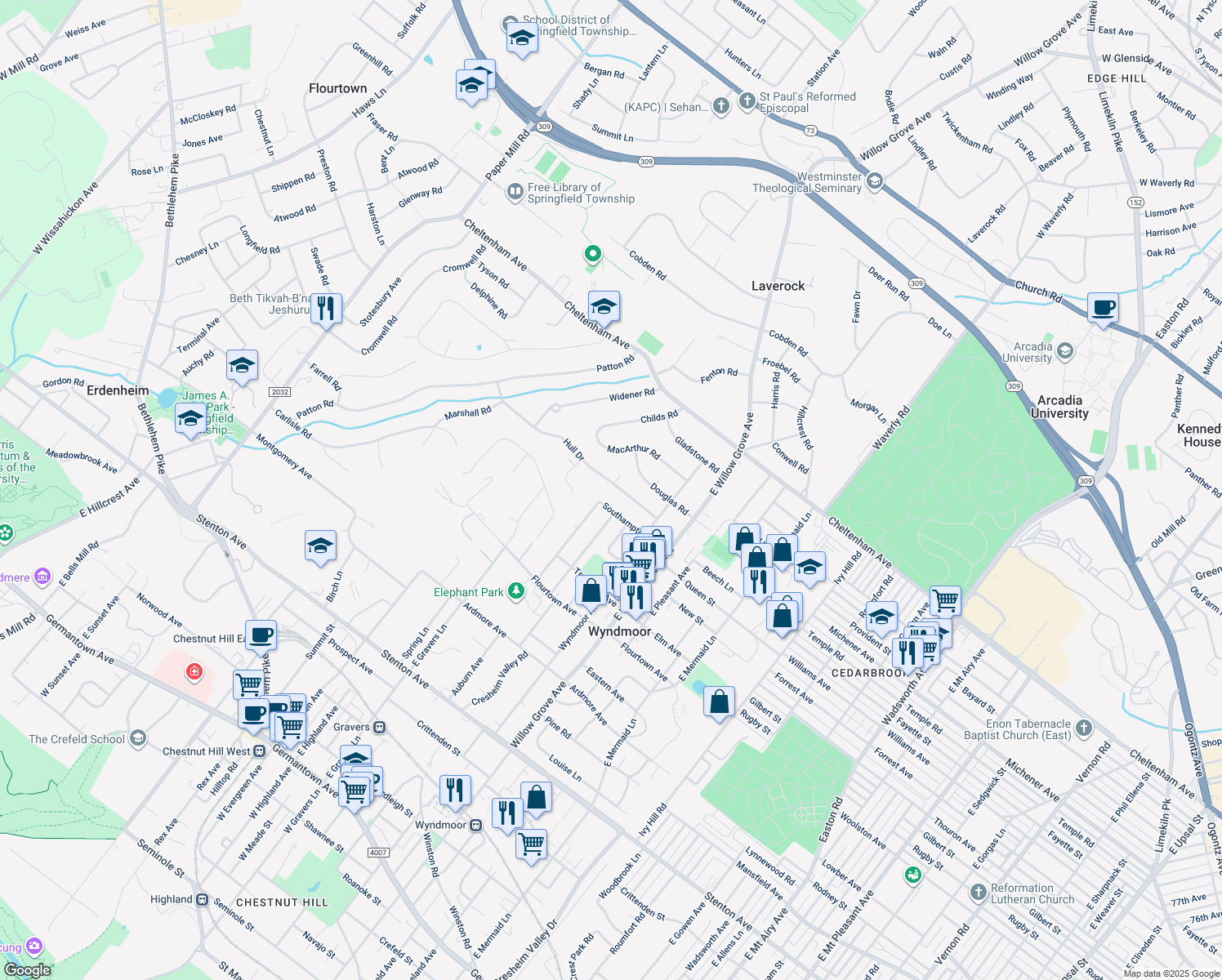 map of restaurants, bars, coffee shops, grocery stores, and more near 8206 Hull Drive in Wyndmoor