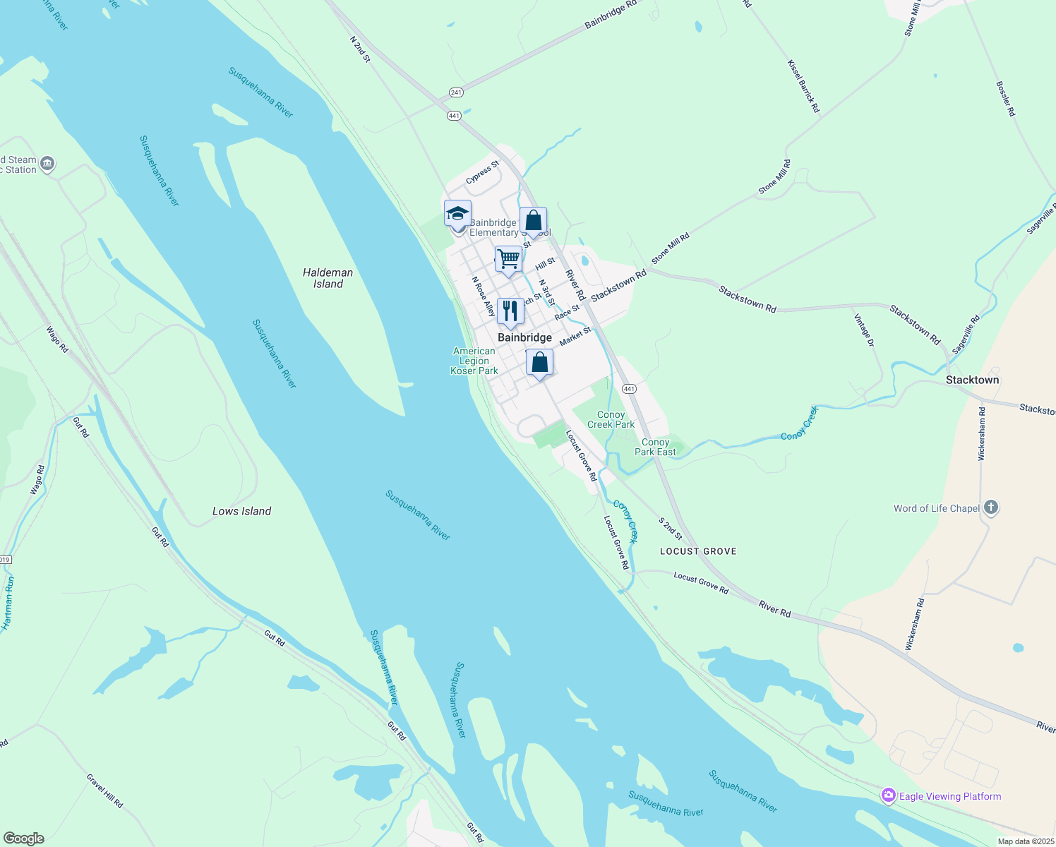 map of restaurants, bars, coffee shops, grocery stores, and more near 143 Overlook Drive in Bainbridge