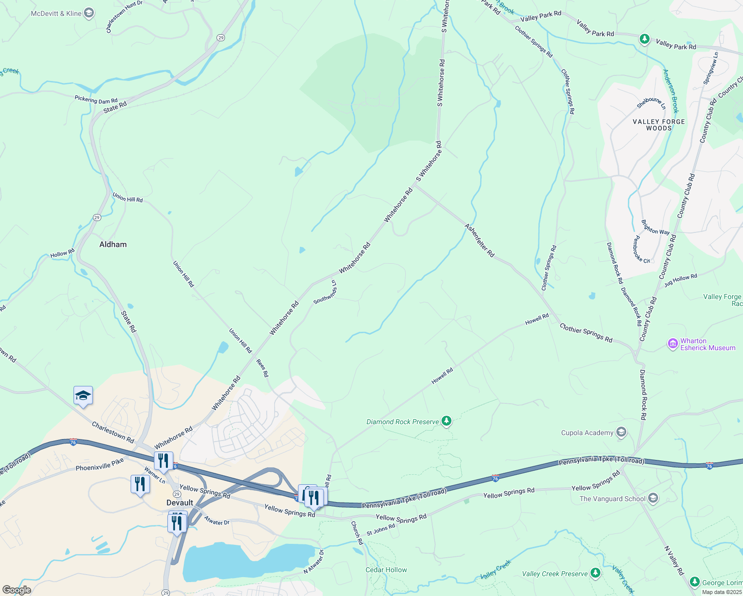 map of restaurants, bars, coffee shops, grocery stores, and more near 8 Primrose Lane in Malvern