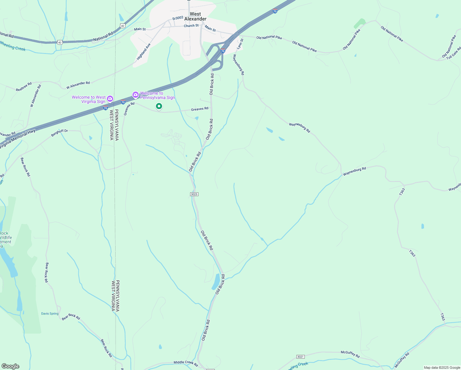 map of restaurants, bars, coffee shops, grocery stores, and more near 157 Sheperd Road in West Alexander