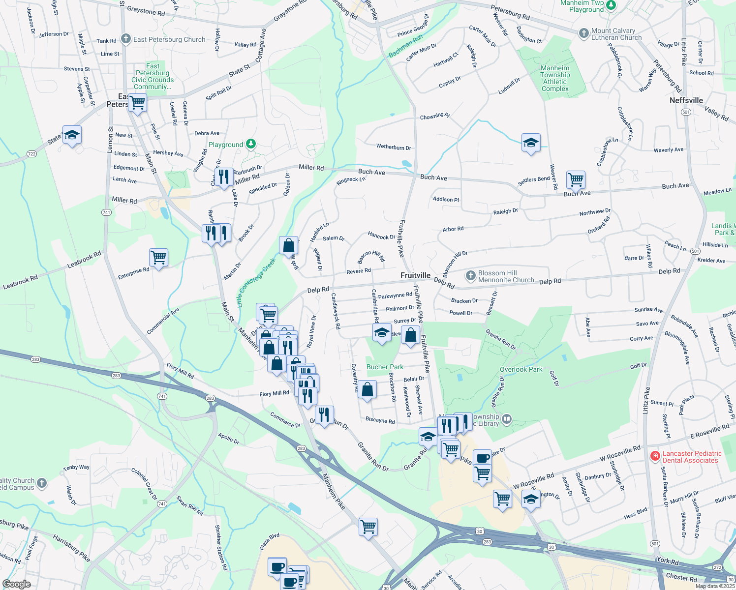 map of restaurants, bars, coffee shops, grocery stores, and more near 453 Parkwynne Road in Lancaster