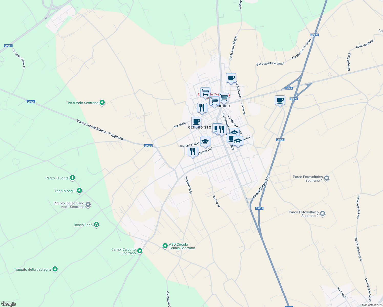 map of restaurants, bars, coffee shops, grocery stores, and more near 24 Via Giuseppe Verdi in Scorrano