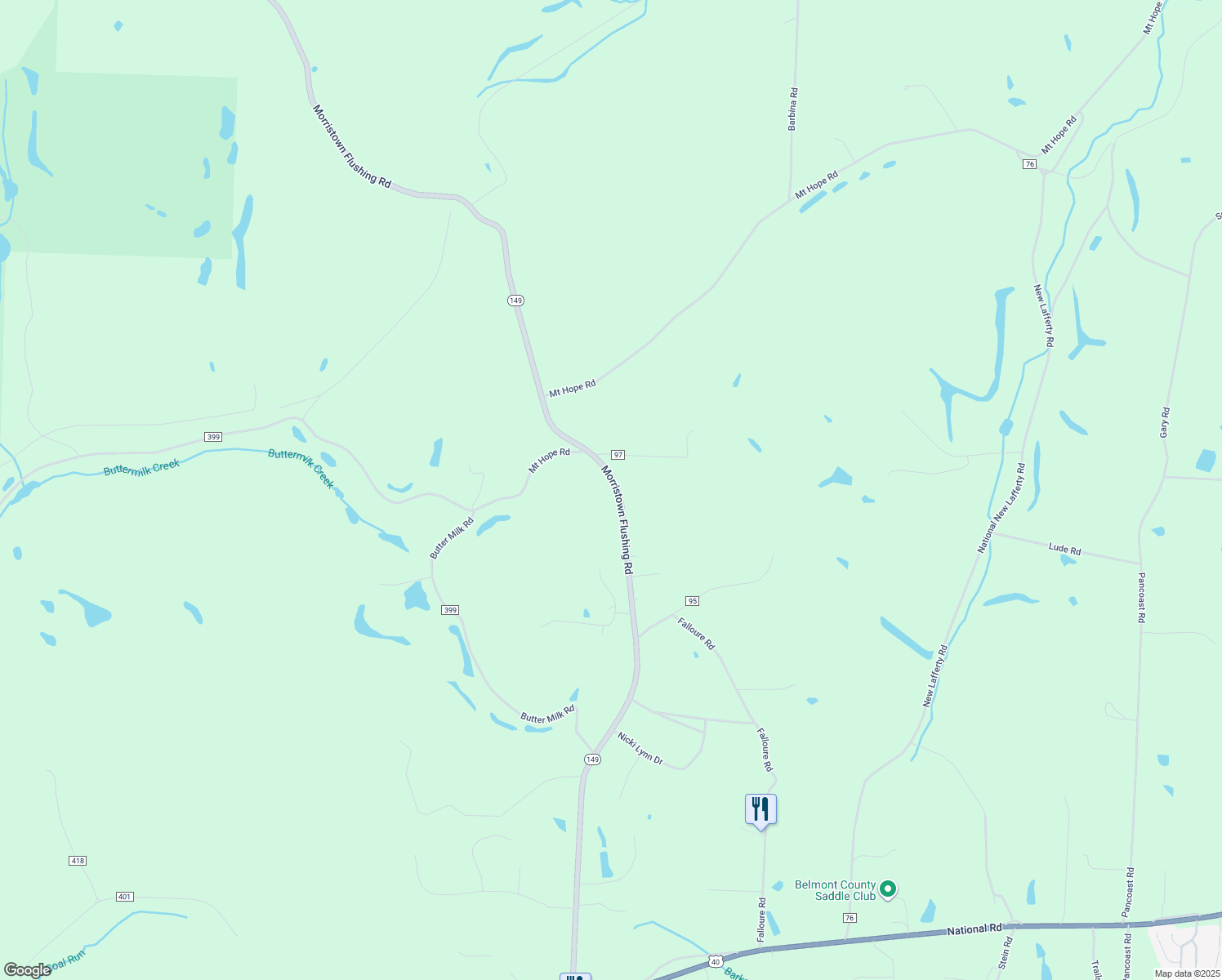 map of restaurants, bars, coffee shops, grocery stores, and more near 68398 Morristown Flushing Road in Belmont