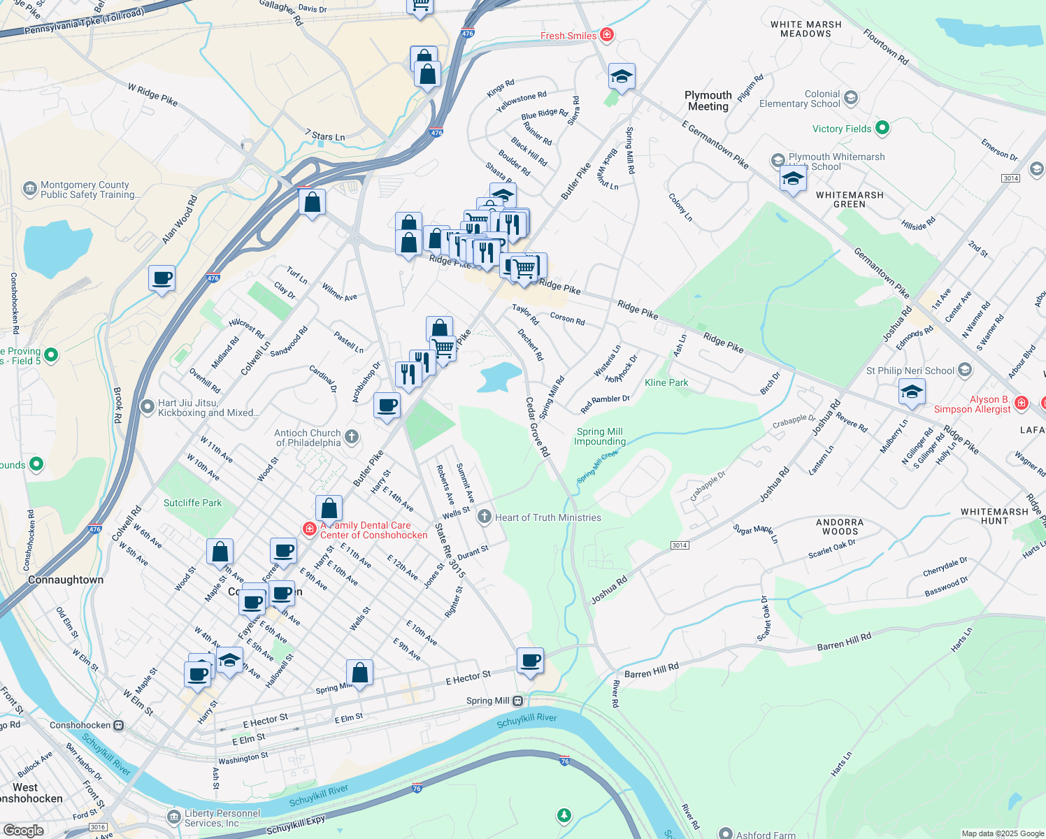 map of restaurants, bars, coffee shops, grocery stores, and more near 70 Cedar Grove Road in Conshohocken