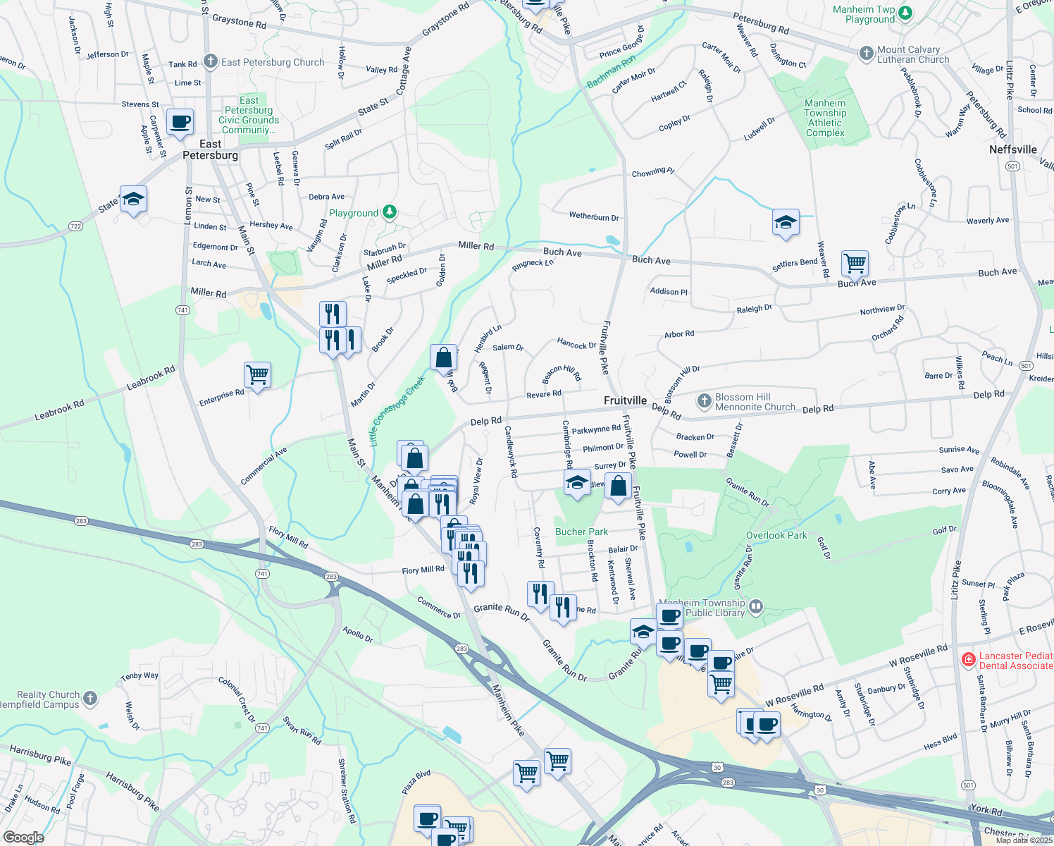 map of restaurants, bars, coffee shops, grocery stores, and more near 478 Delp Rd in Lancaster