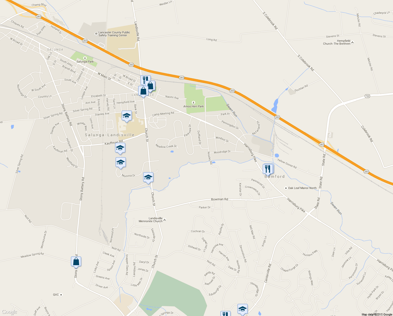 map of restaurants, bars, coffee shops, grocery stores, and more near 241 South Homestead Drive in Salunga-Landisville