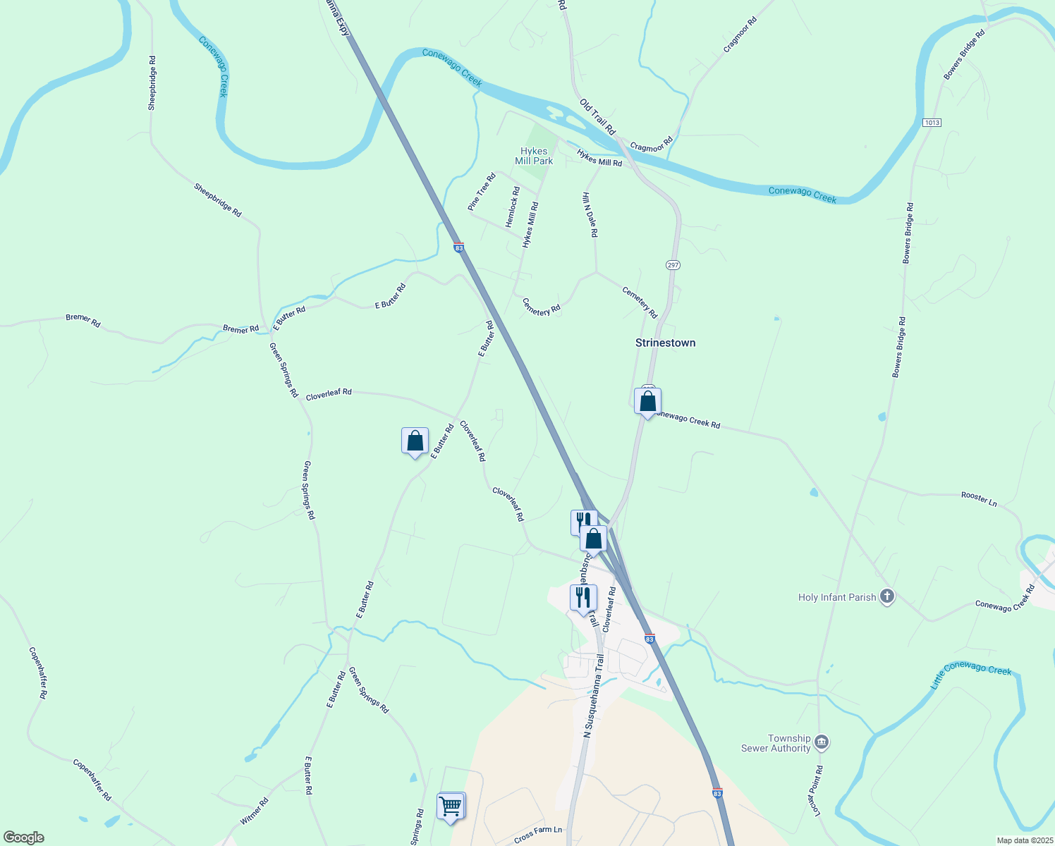 map of restaurants, bars, coffee shops, grocery stores, and more near 130 Kern Road in York