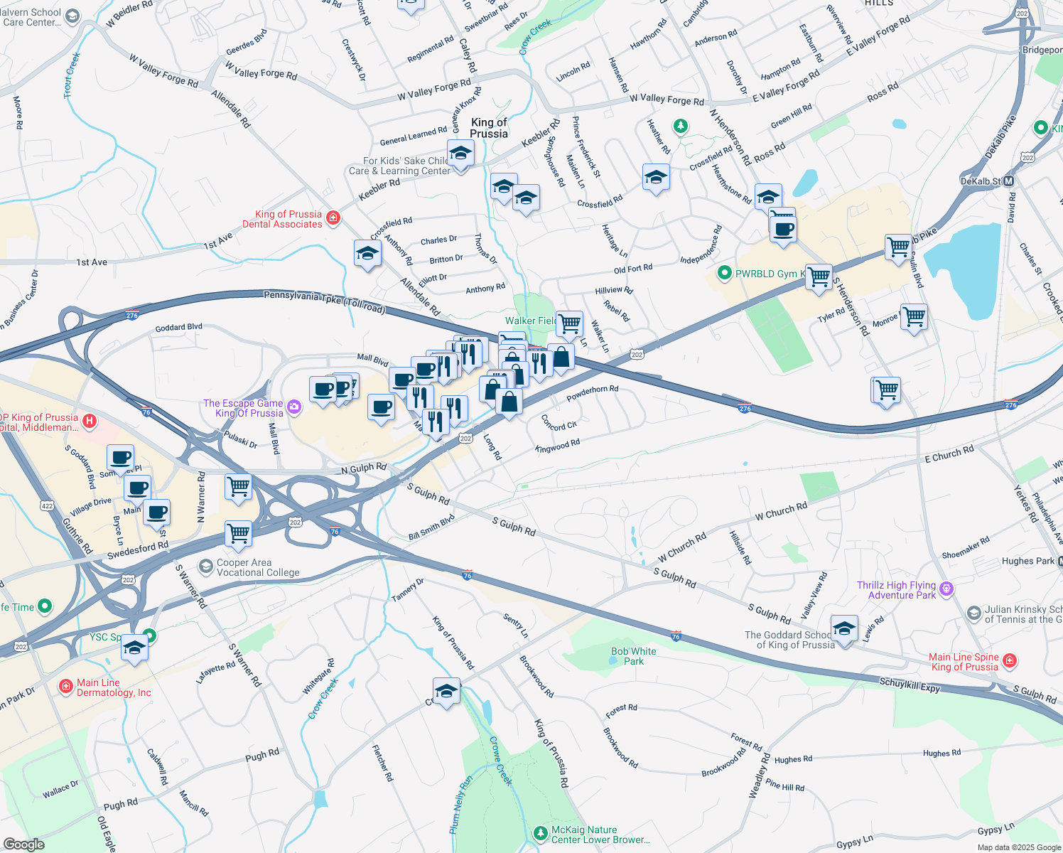 map of restaurants, bars, coffee shops, grocery stores, and more near 122 Forge Road in King of Prussia