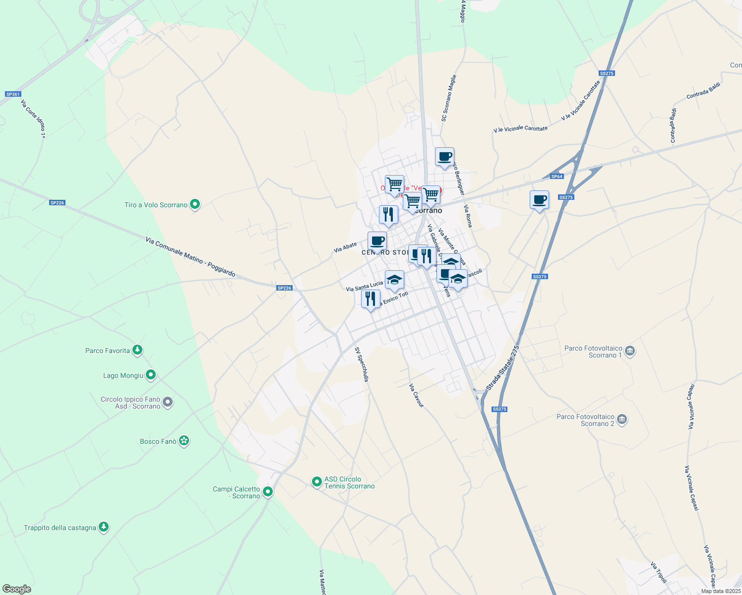 map of restaurants, bars, coffee shops, grocery stores, and more near 24 Via Giuseppe Verdi in Scorrano