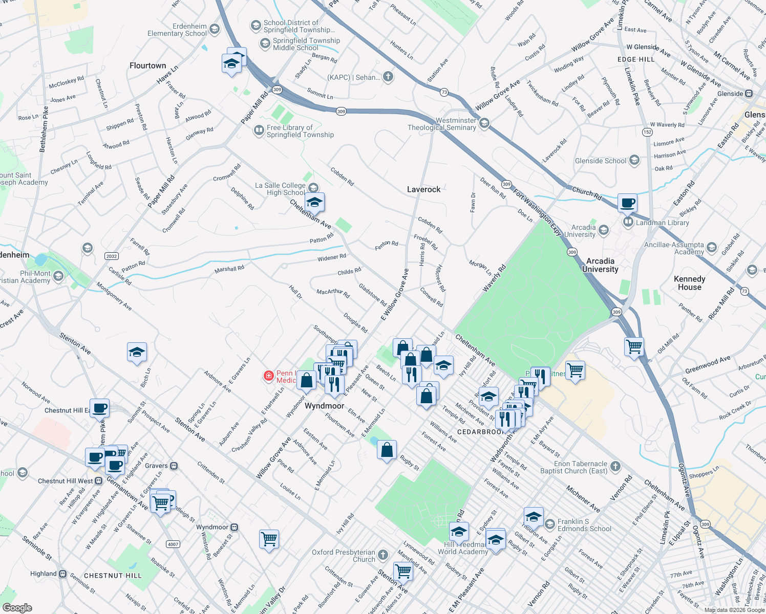 map of restaurants, bars, coffee shops, grocery stores, and more near 8002 Gladstone Road in Wyndmoor