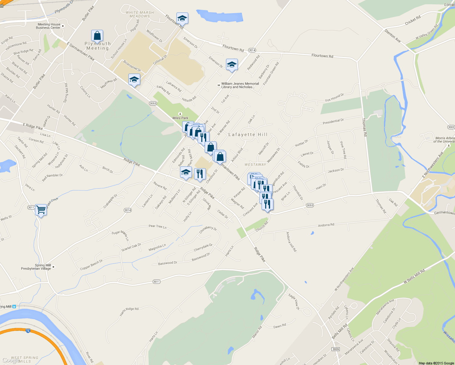 map of restaurants, bars, coffee shops, grocery stores, and more near 3048 Mitchell Court in Lafayette Hill