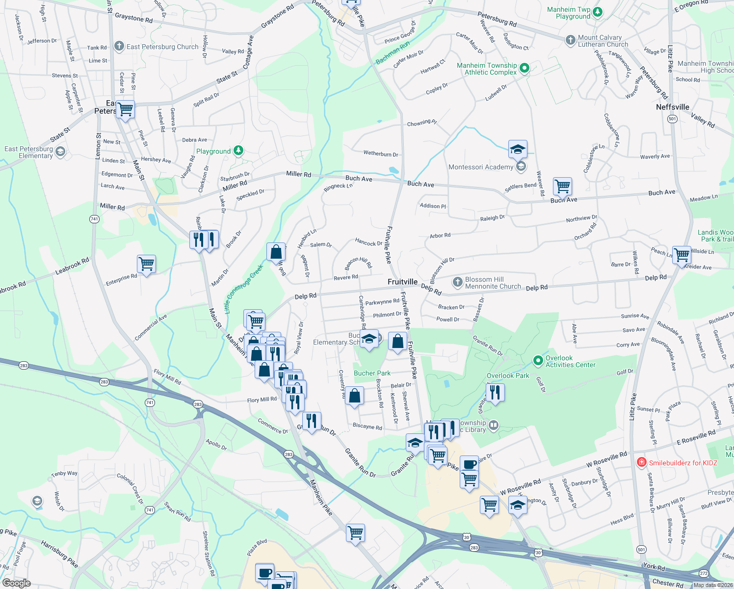 map of restaurants, bars, coffee shops, grocery stores, and more near 442 Delp Rd in Lancaster