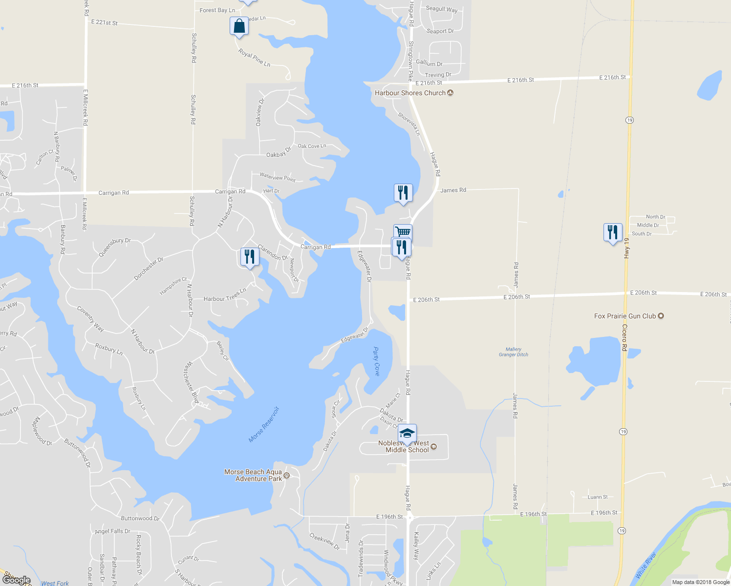 map of restaurants, bars, coffee shops, grocery stores, and more near 125 Edgewater Drive in Noblesville