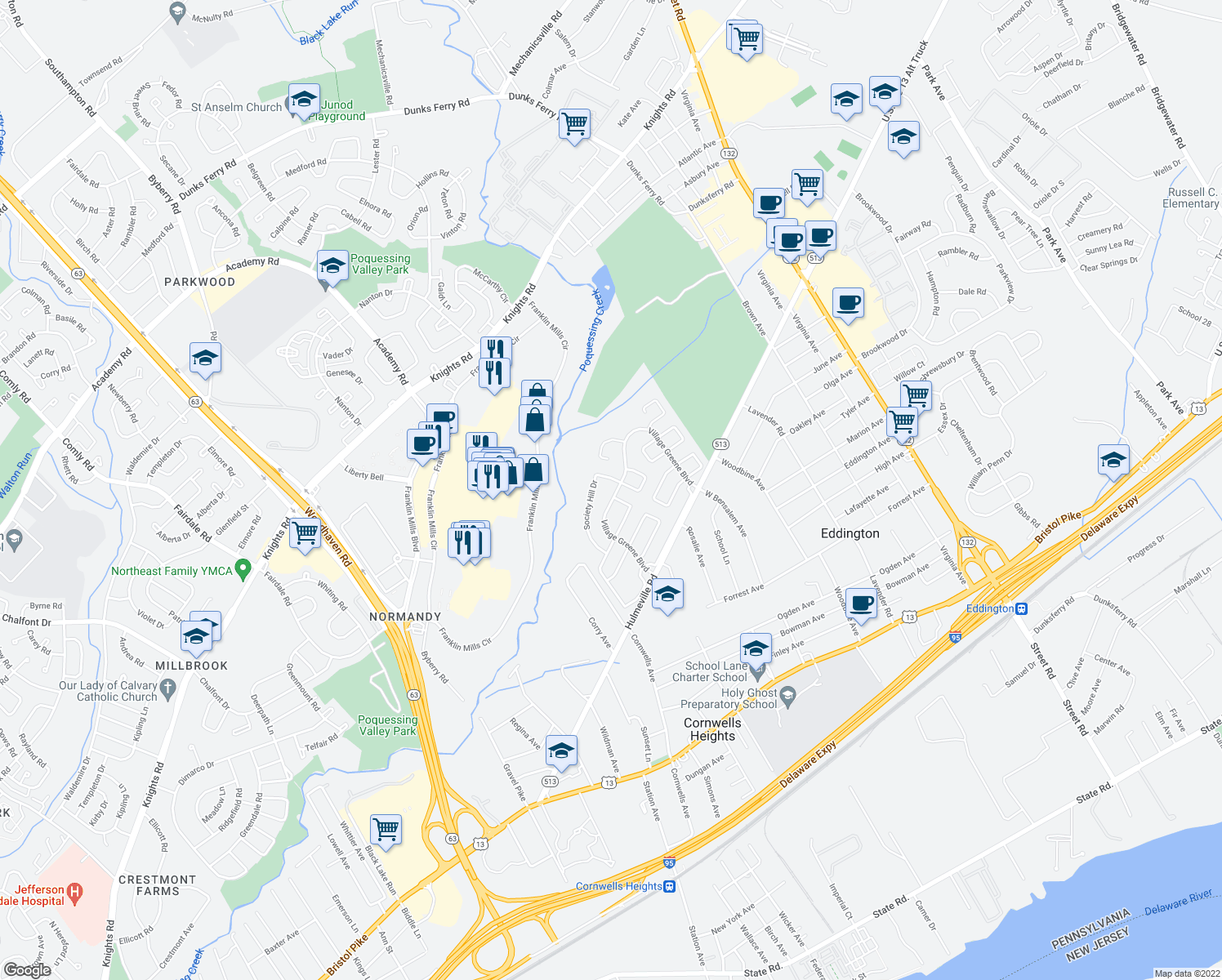 map of restaurants, bars, coffee shops, grocery stores, and more near 1484 Village Greene Boulevard in Bensalem