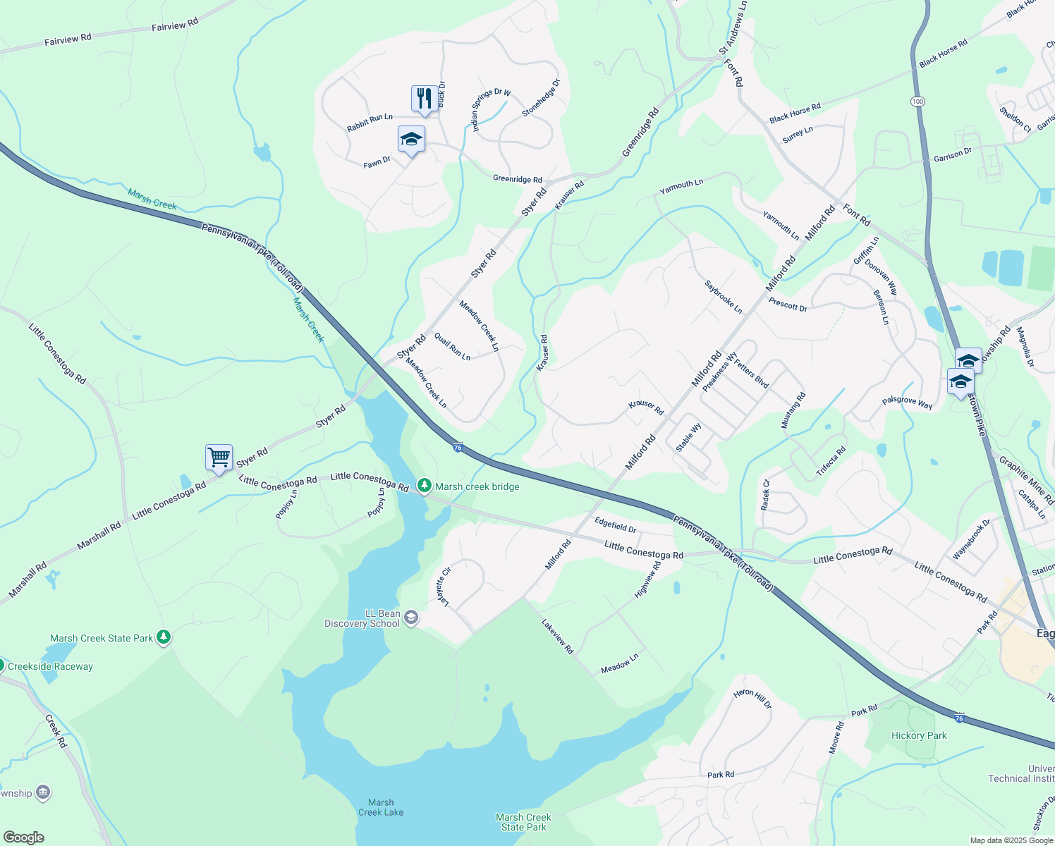 map of restaurants, bars, coffee shops, grocery stores, and more near 30 Krauser Road in Downingtown