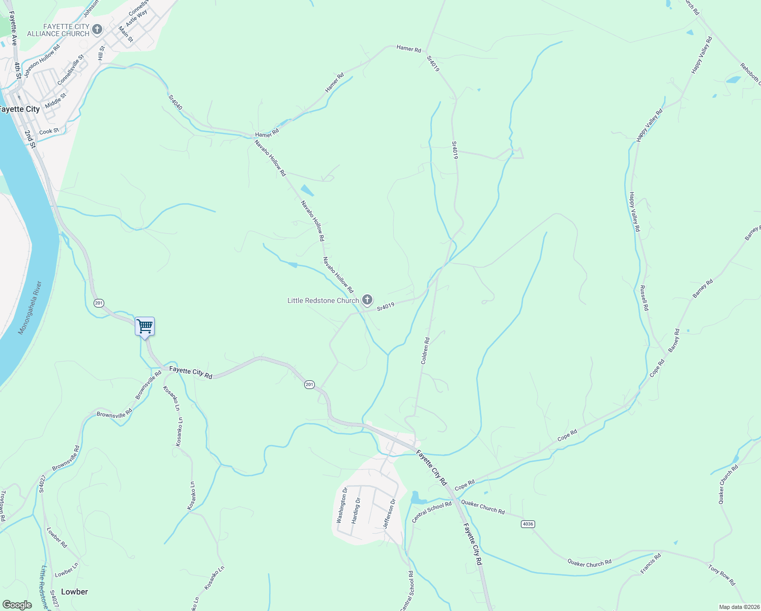 map of restaurants, bars, coffee shops, grocery stores, and more near 136 Redstone Church Road in Fayette City