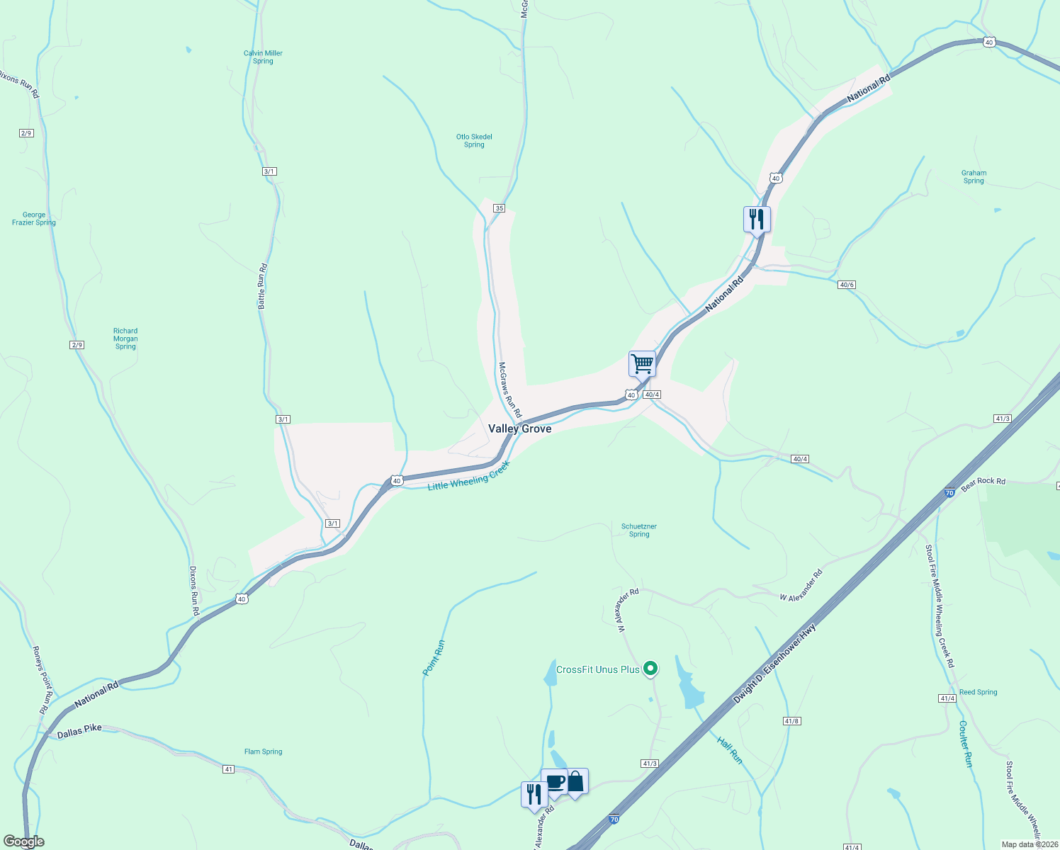 map of restaurants, bars, coffee shops, grocery stores, and more near 11386 National Road in Valley Grove