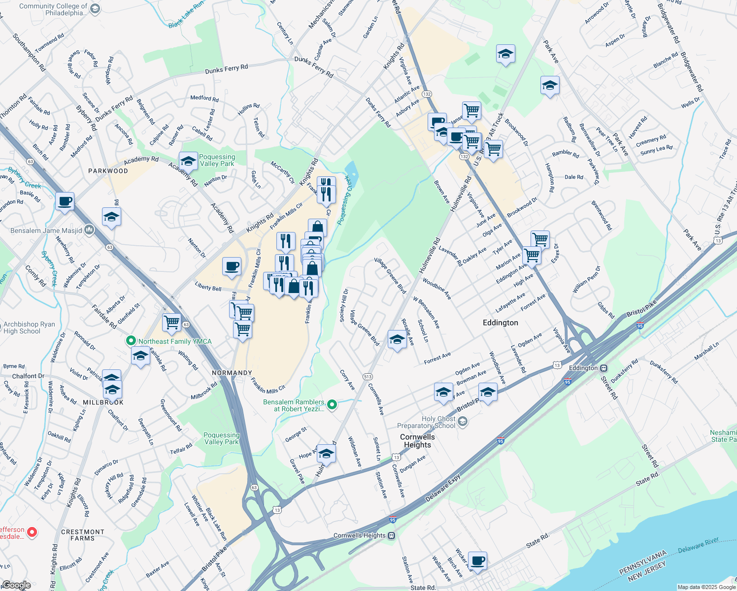 map of restaurants, bars, coffee shops, grocery stores, and more near 1421 Custom House Square in Bensalem