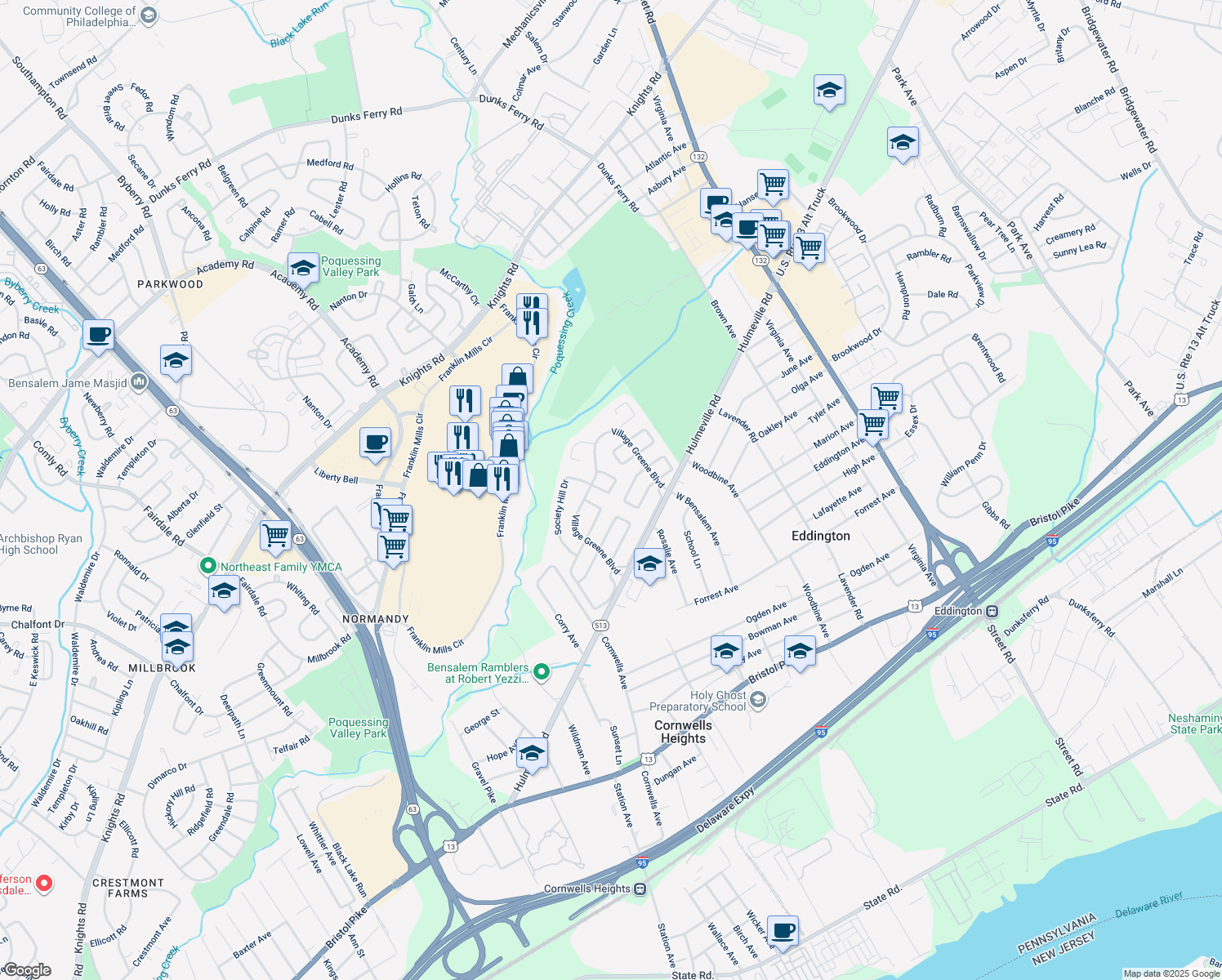 map of restaurants, bars, coffee shops, grocery stores, and more near 1440 Custom House Square in Bensalem