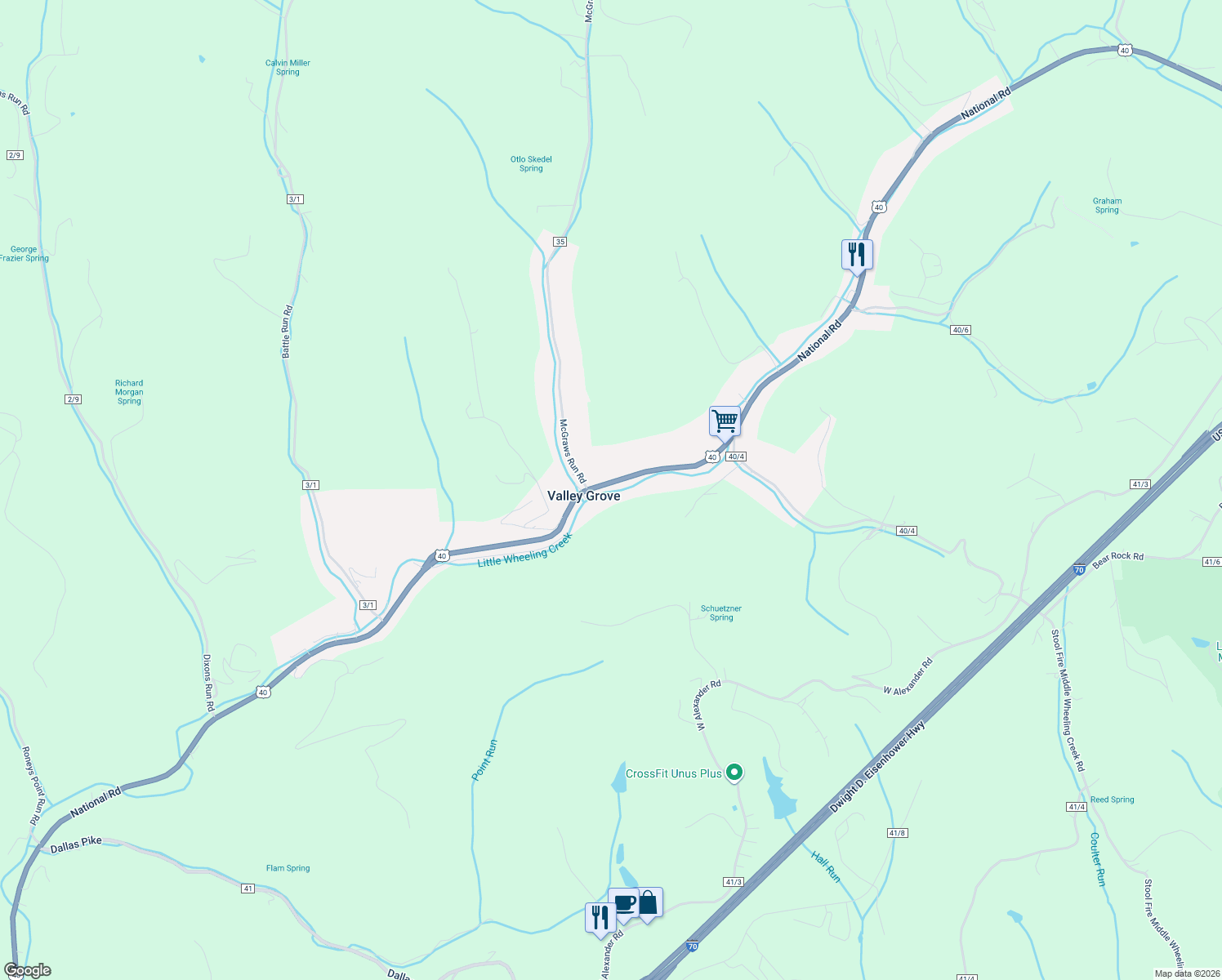 map of restaurants, bars, coffee shops, grocery stores, and more near 11386 National Rd in Valley Grove