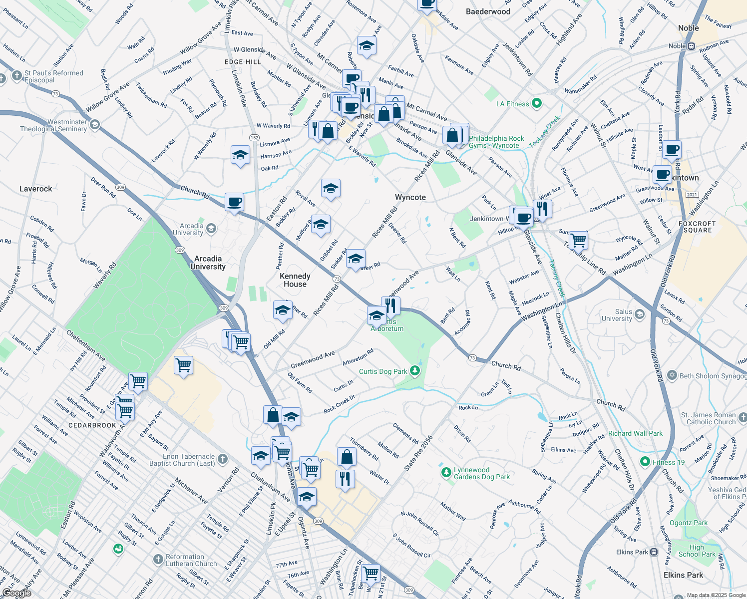 map of restaurants, bars, coffee shops, grocery stores, and more near 1311 Church Road in Wyncote