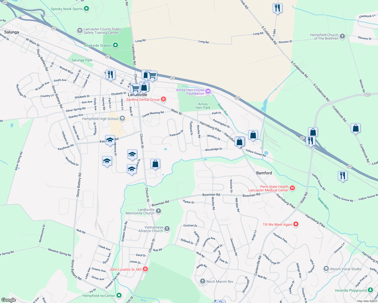 map of restaurants, bars, coffee shops, grocery stores, and more near 237 South Homestead Drive in Salunga-Landisville