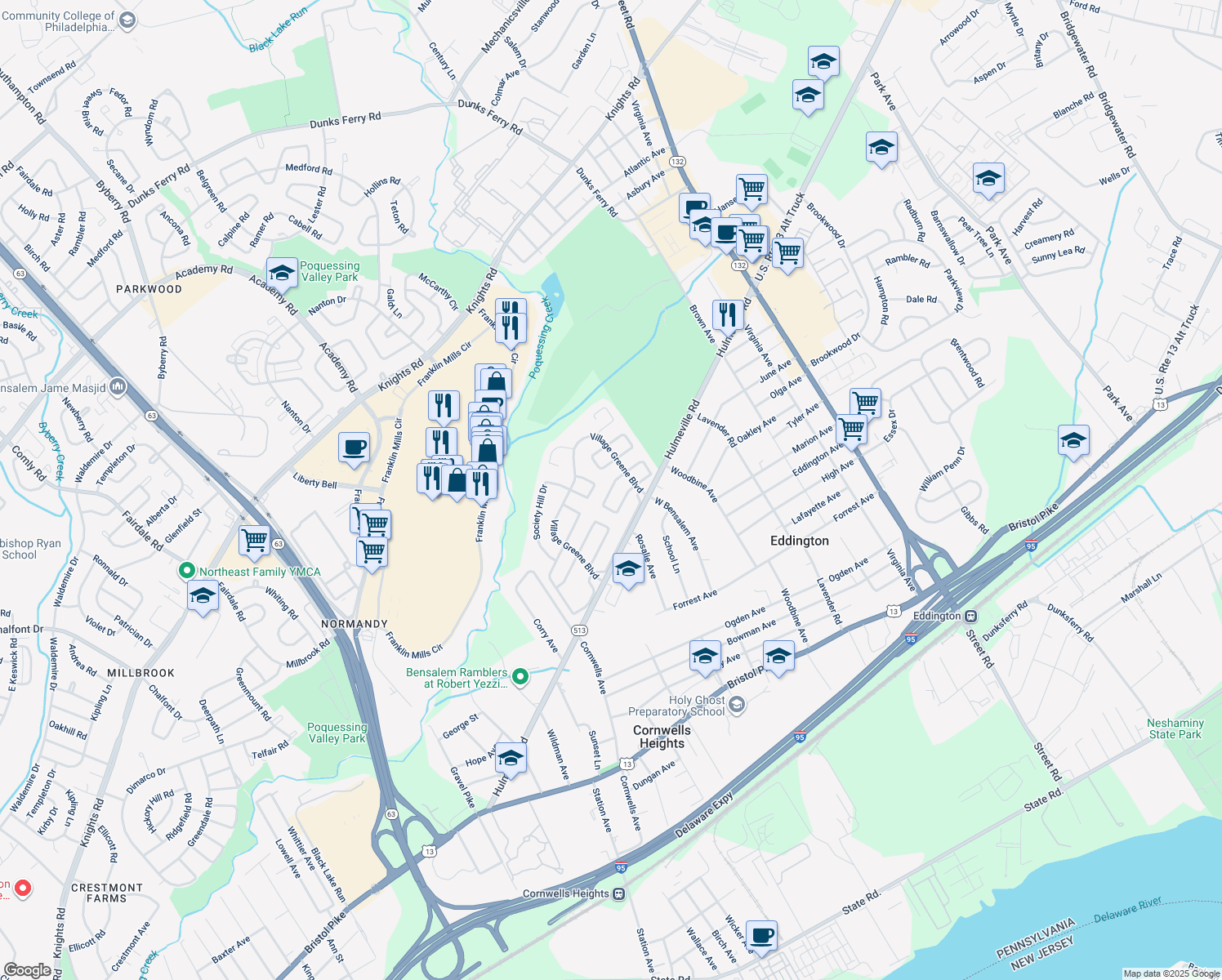 map of restaurants, bars, coffee shops, grocery stores, and more near 2446 New Market Square South in Bensalem
