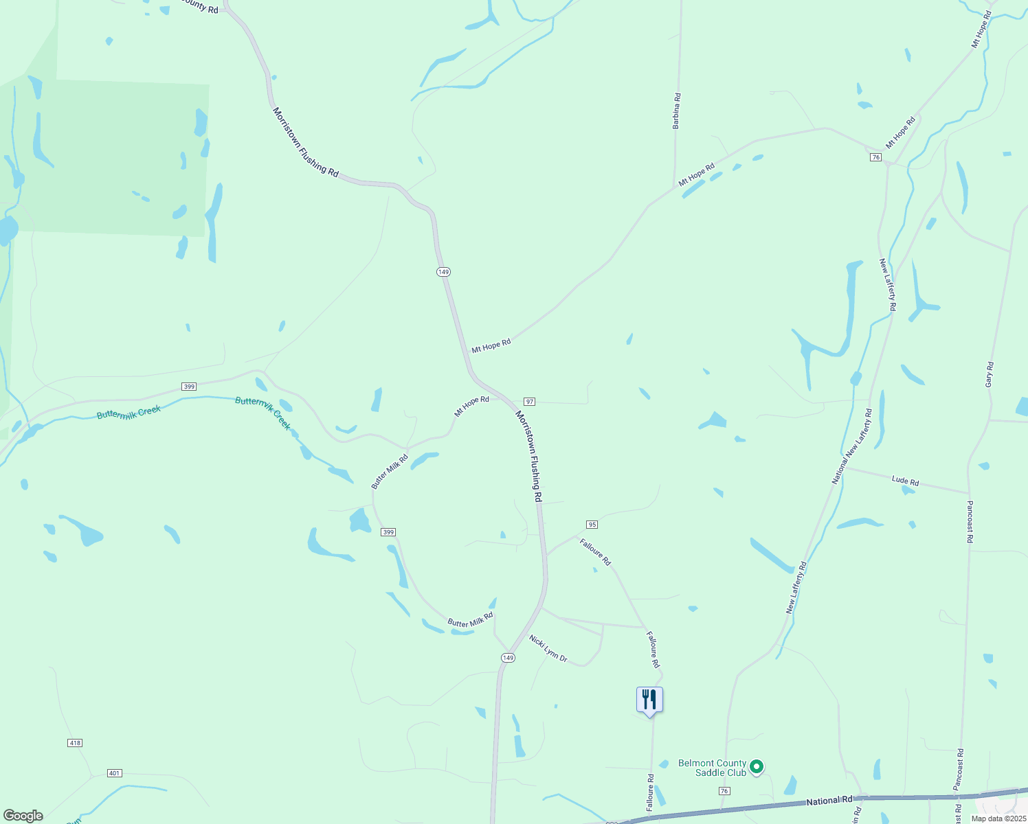 map of restaurants, bars, coffee shops, grocery stores, and more near 68398 Morristown Flushing Road in Belmont