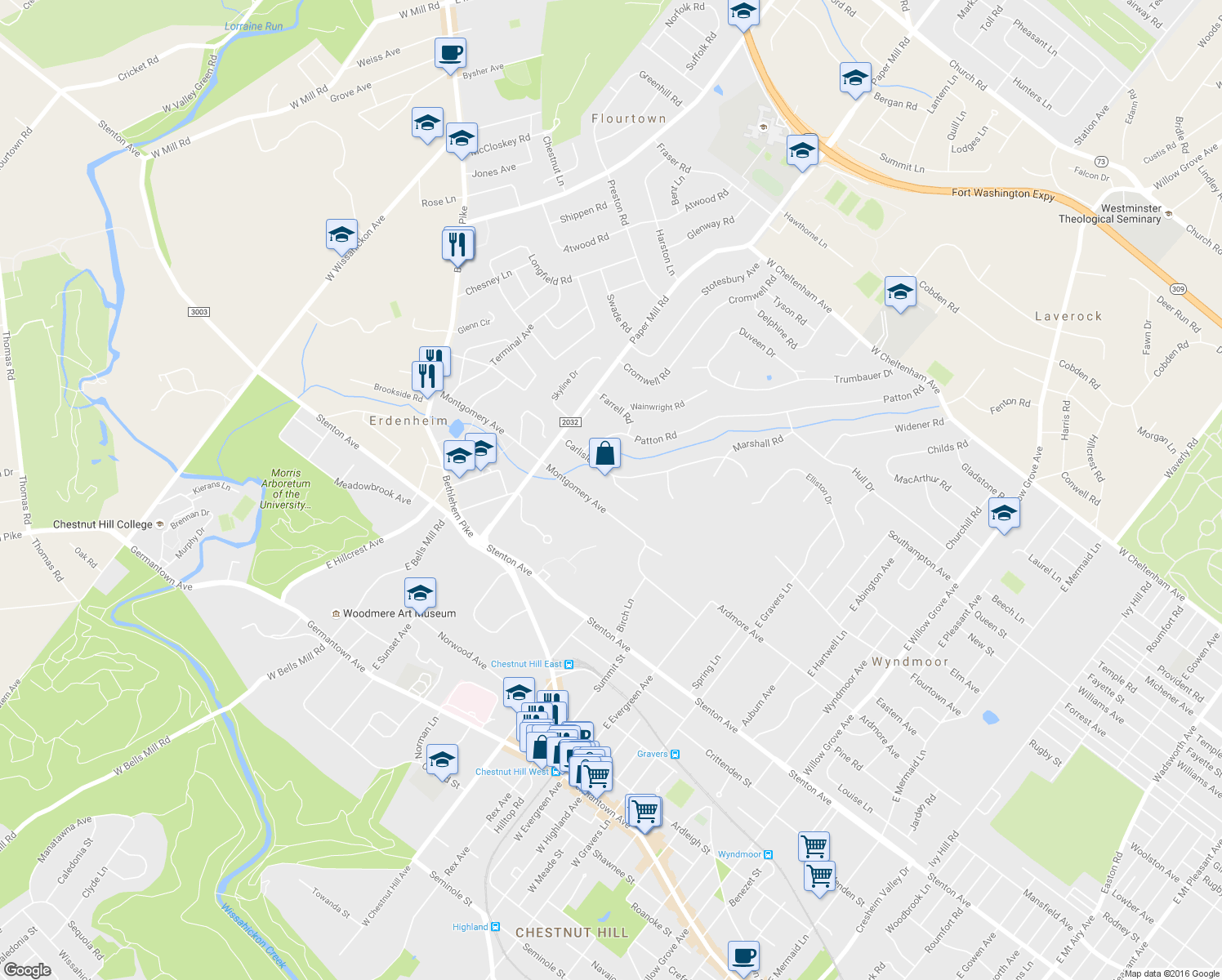map of restaurants, bars, coffee shops, grocery stores, and more near 8806 Curtis Terrace in Glenside