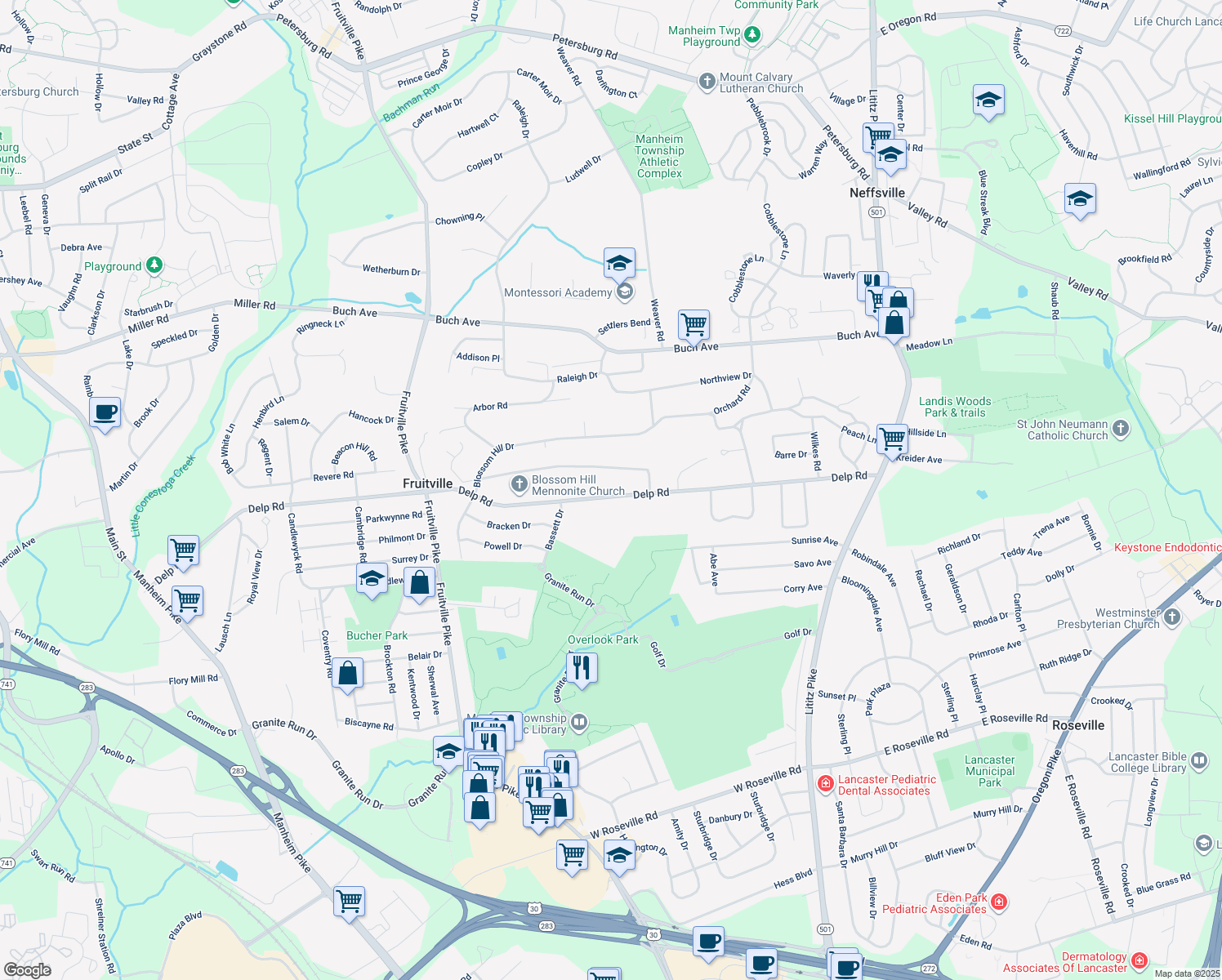 map of restaurants, bars, coffee shops, grocery stores, and more near 231 Delp Road in Lancaster