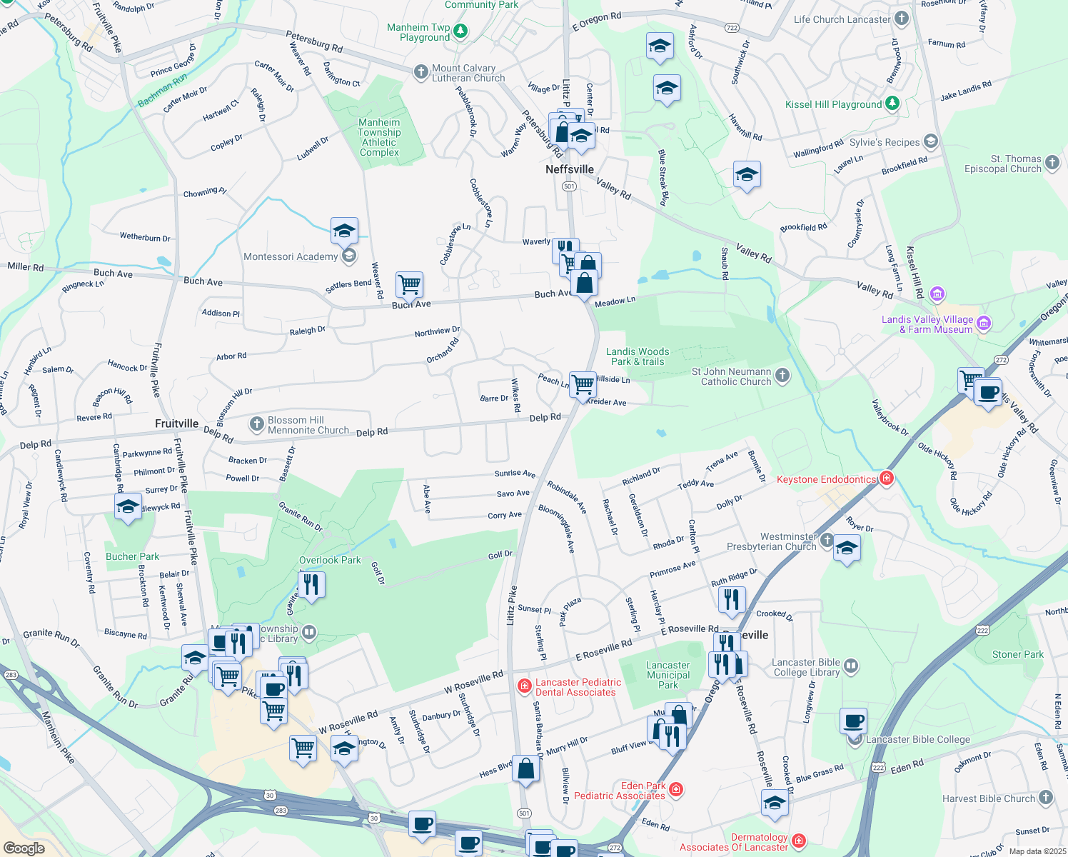 map of restaurants, bars, coffee shops, grocery stores, and more near 36 Delp Rd in Lancaster
