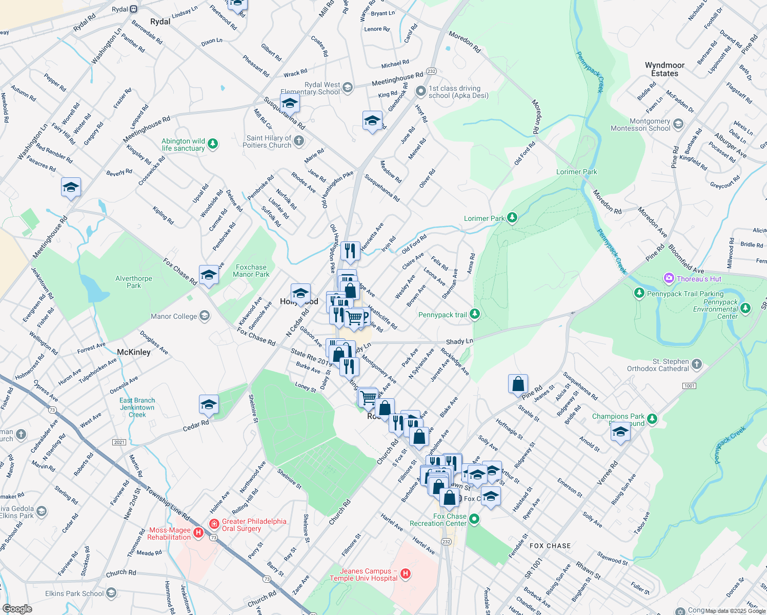 map of restaurants, bars, coffee shops, grocery stores, and more near 404 Rockledge Avenue in Huntingdon Valley