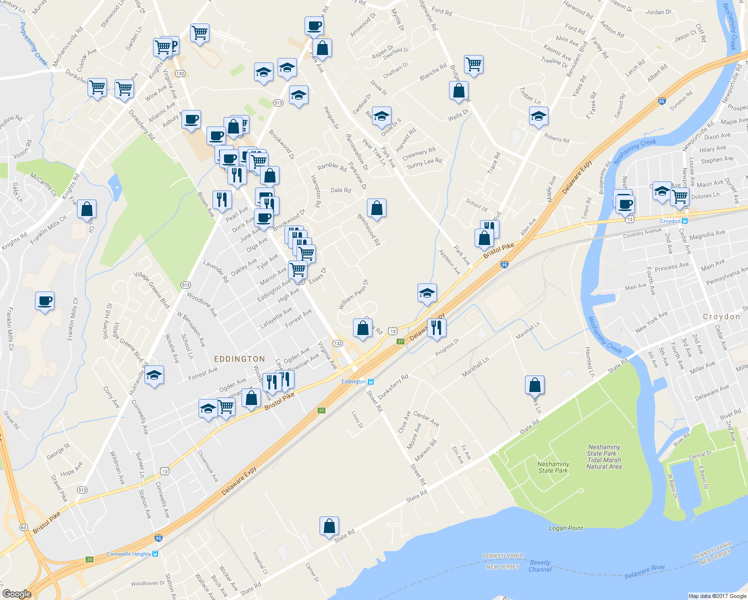 map of restaurants, bars, coffee shops, grocery stores, and more near 1180 William Penn Drive in Bensalem