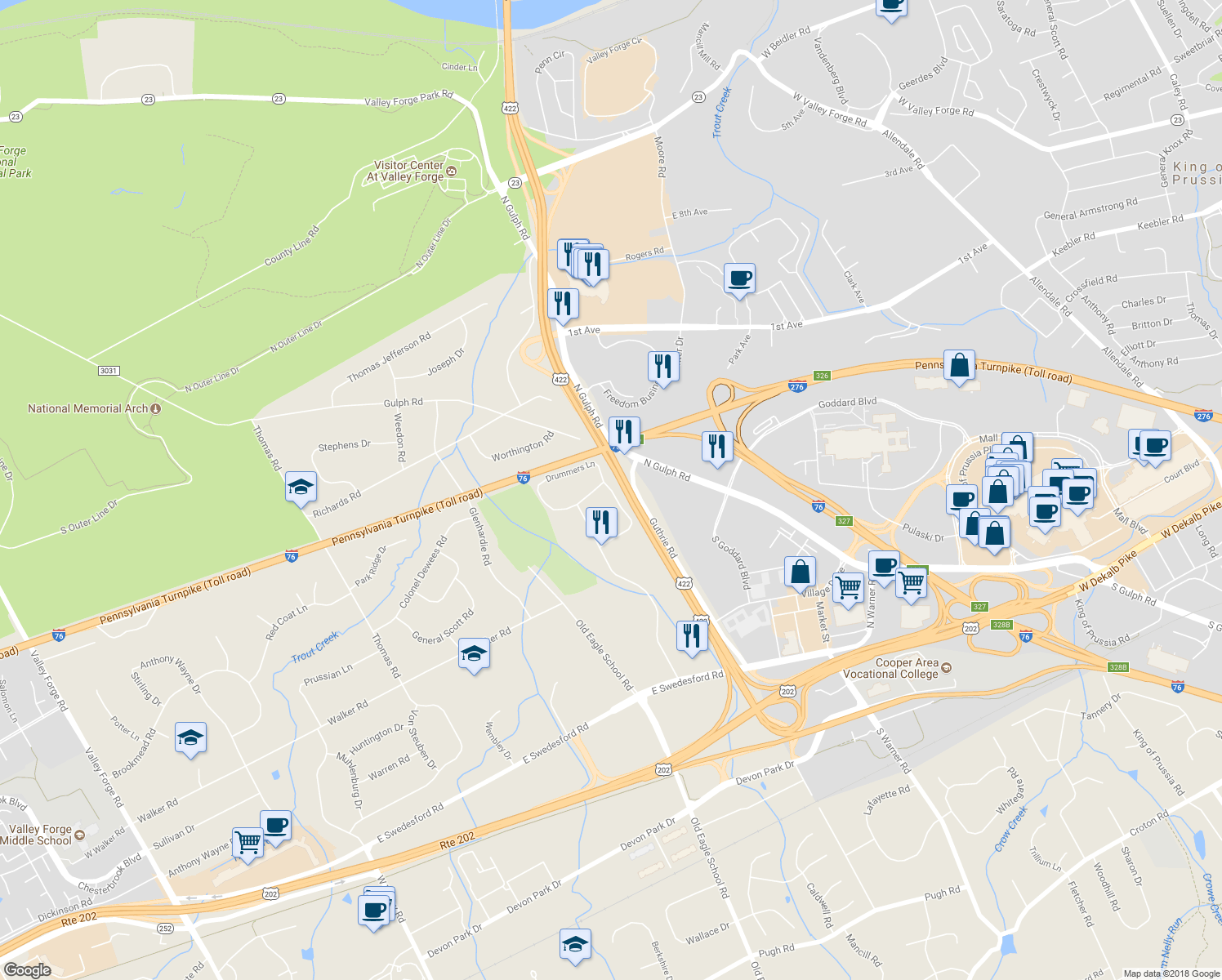 map of restaurants, bars, coffee shops, grocery stores, and more near 168 Drummers Lane in Wayne
