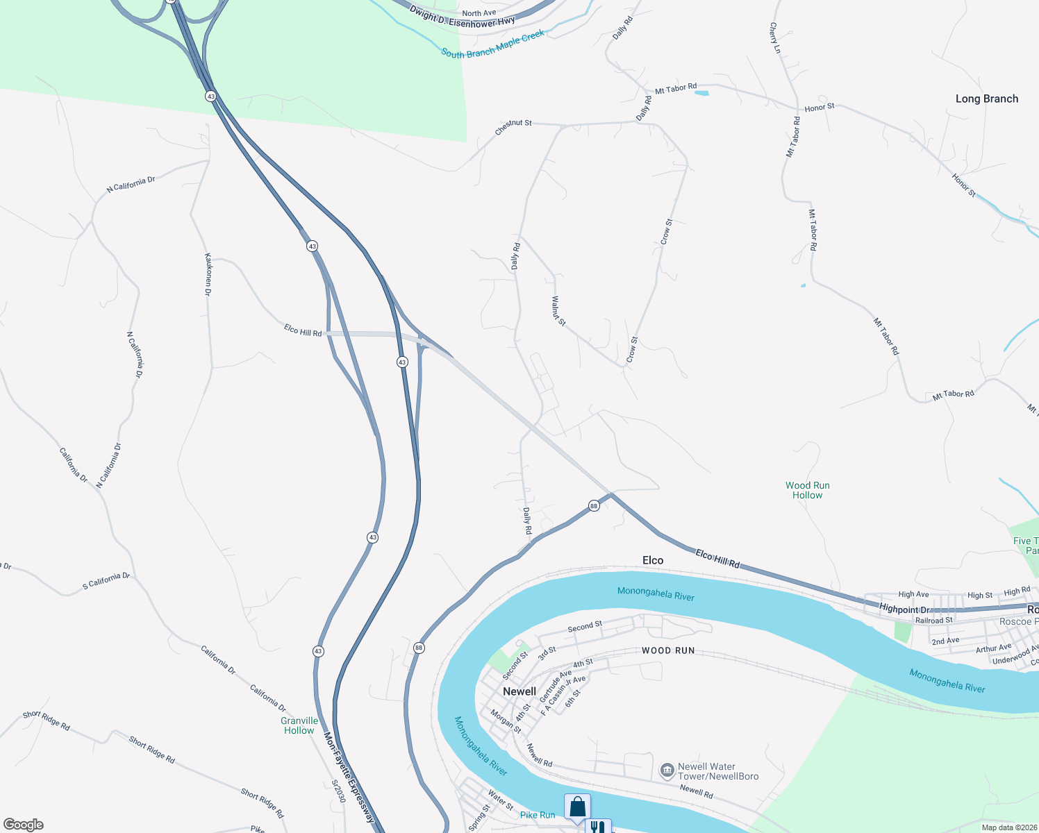 map of restaurants, bars, coffee shops, grocery stores, and more near Elco Hill Road in Coal Center