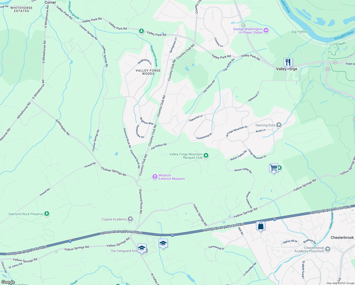 map of restaurants, bars, coffee shops, grocery stores, and more near 270 Jug Hollow Road in Phoenixville