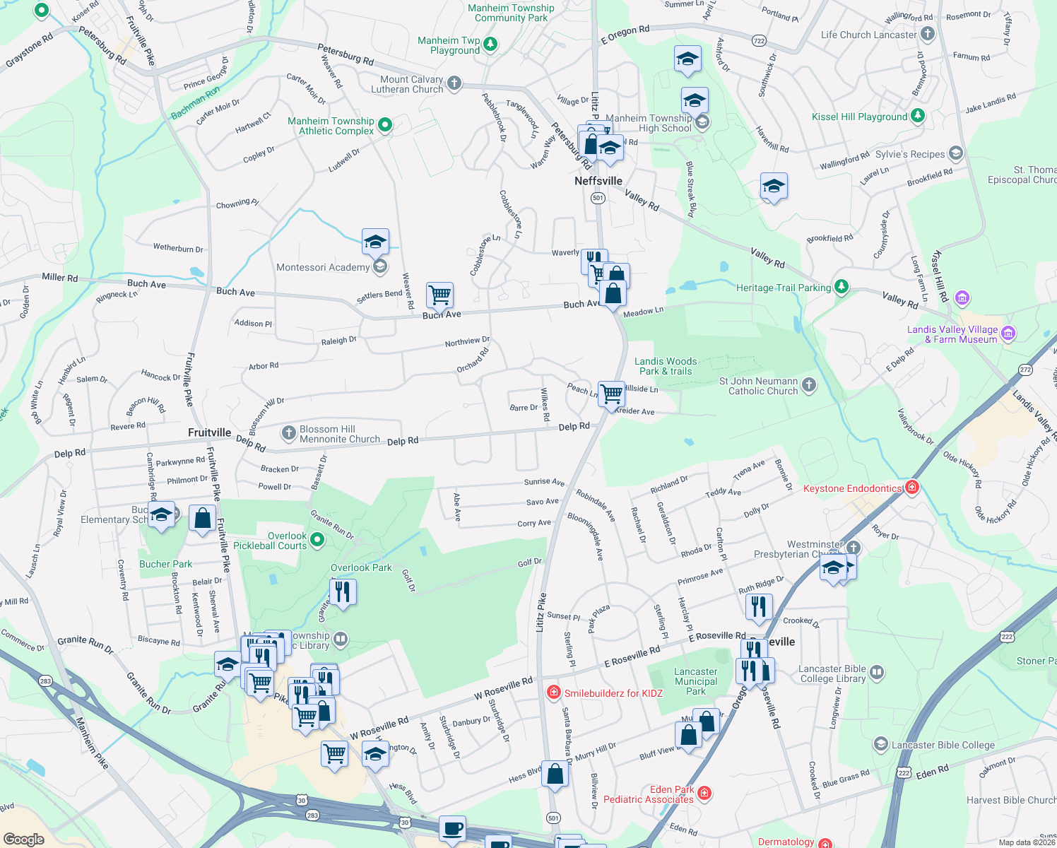 map of restaurants, bars, coffee shops, grocery stores, and more near 73 Delp Rd in Lancaster