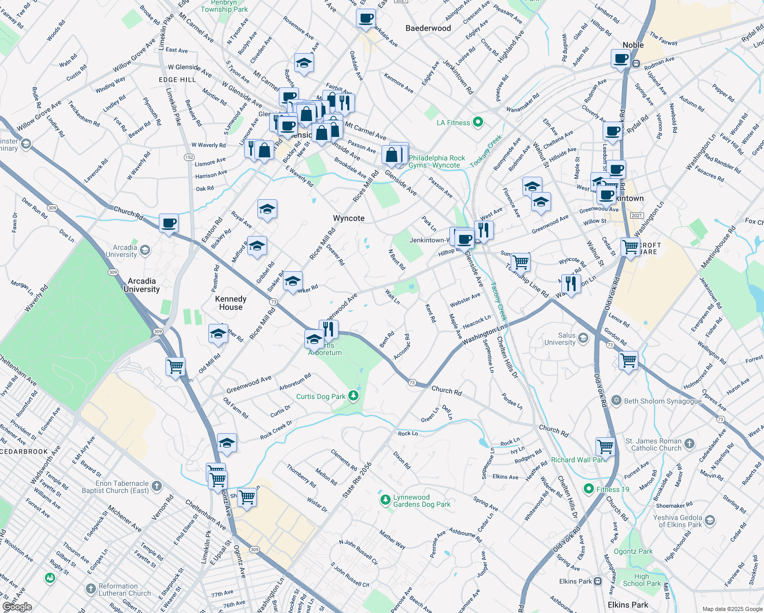 map of restaurants, bars, coffee shops, grocery stores, and more near 8 Greenwood Place in Wyncote