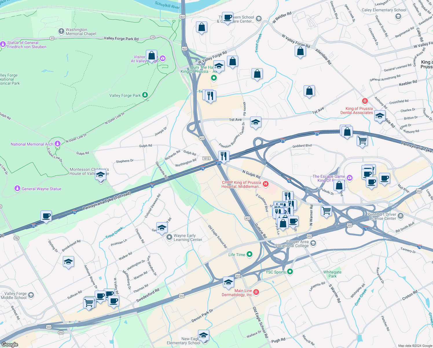 map of restaurants, bars, coffee shops, grocery stores, and more near 404 Drummers Lane in Wayne
